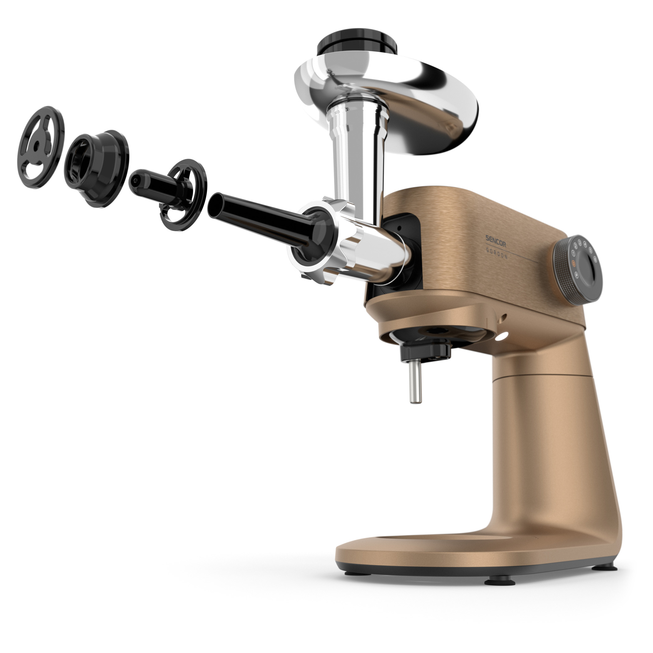 Arany konyhai robotgép levehető alkatrészekkel, fehér háttéren.