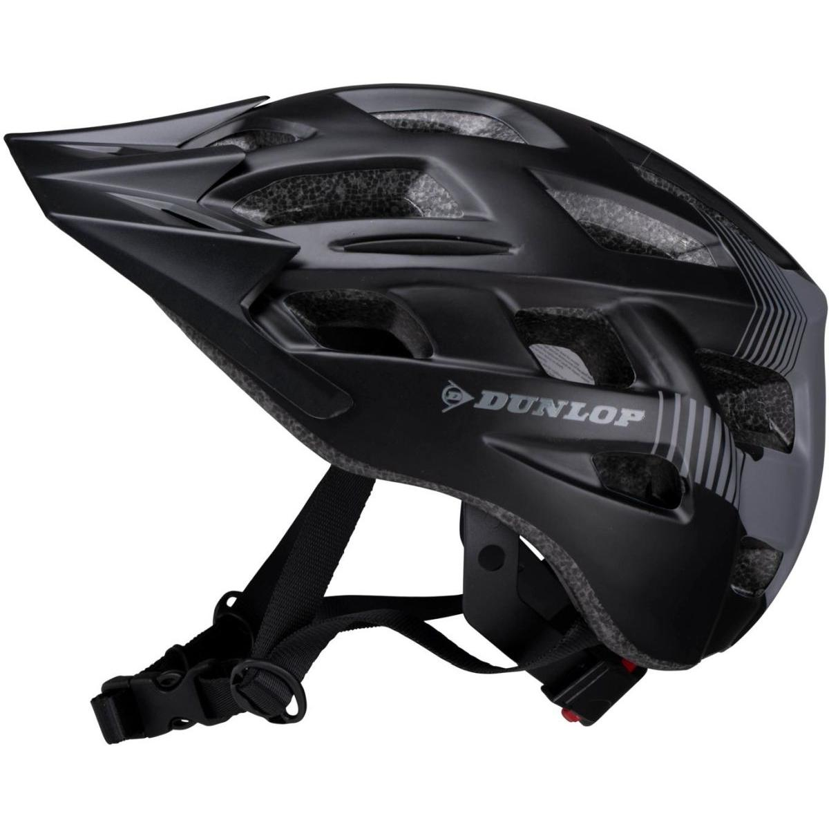 Czarny kask rowerowy z otworami wentylacyjnymi i logo Dunlop.