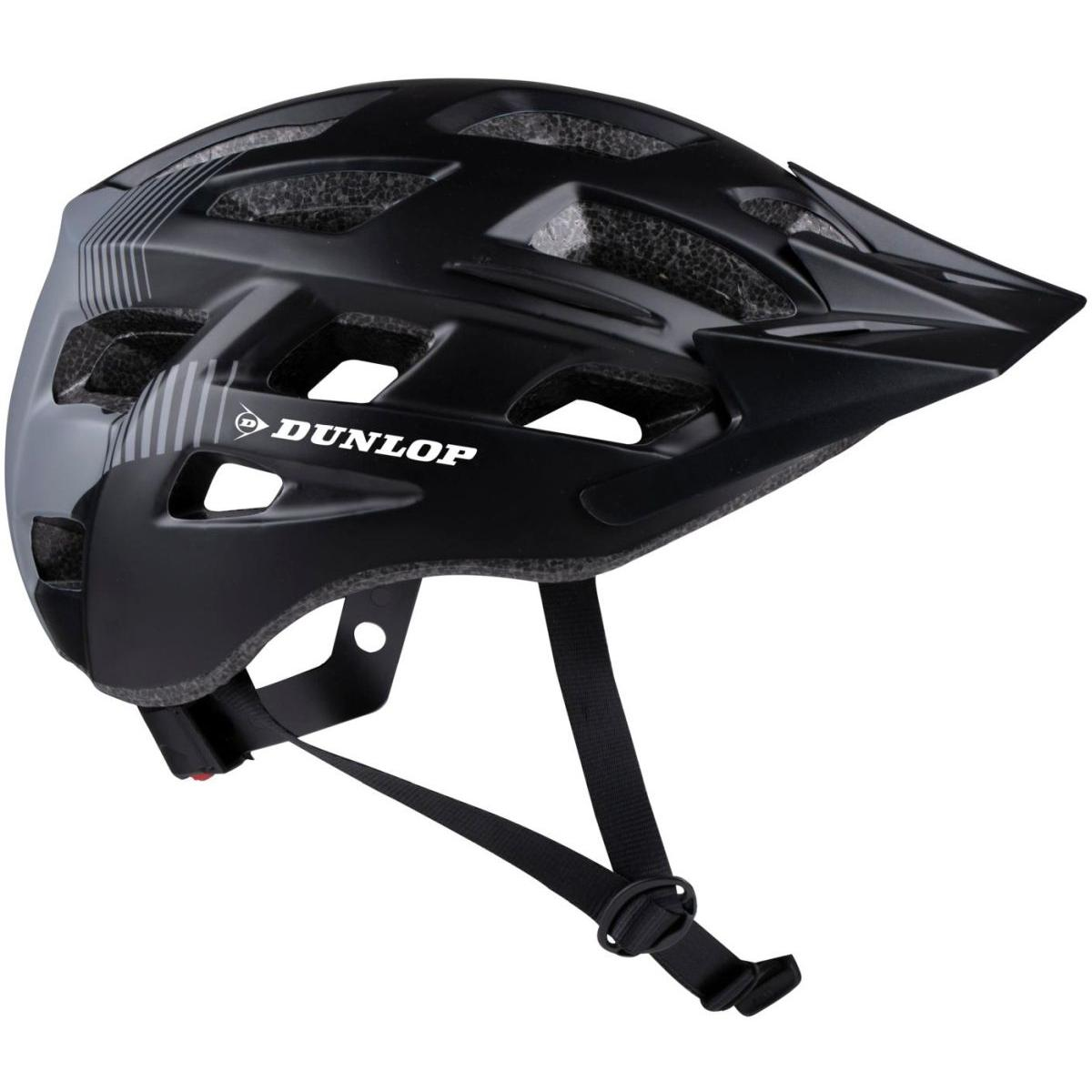 Czarny kask rowerowy z otworami wentylacyjnymi i logo Dunlop. Paski.