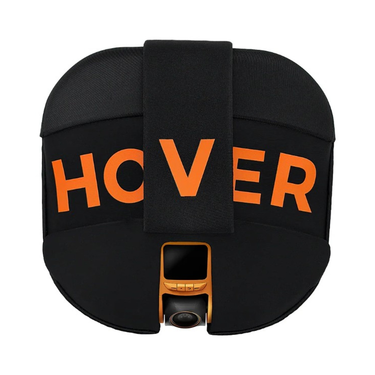 Borsa nera con logo arancione "HOVER" e fotocamera in basso.