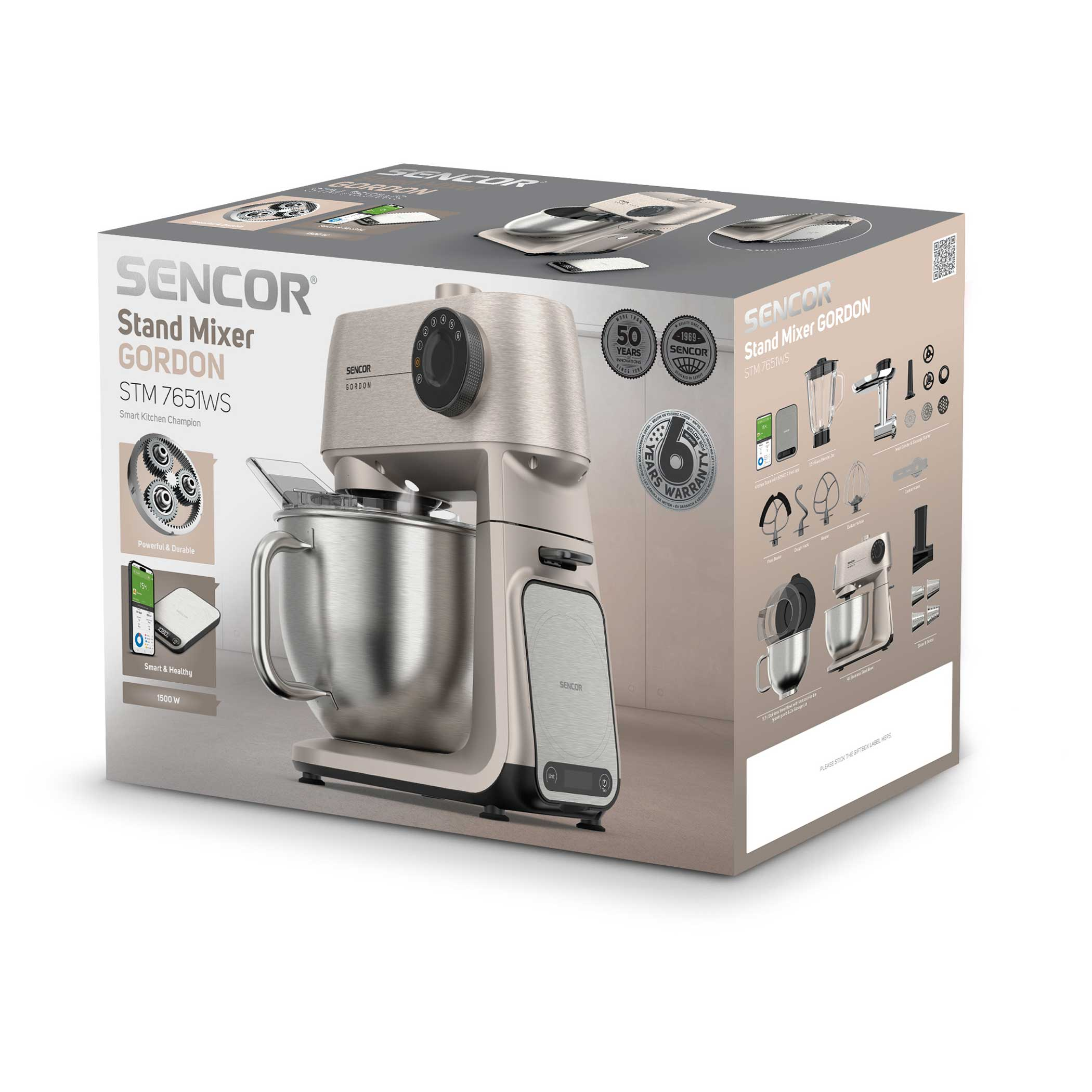 SENCOR GORDON STM 7651WS álló mixer tartozékokkal csomagolása.