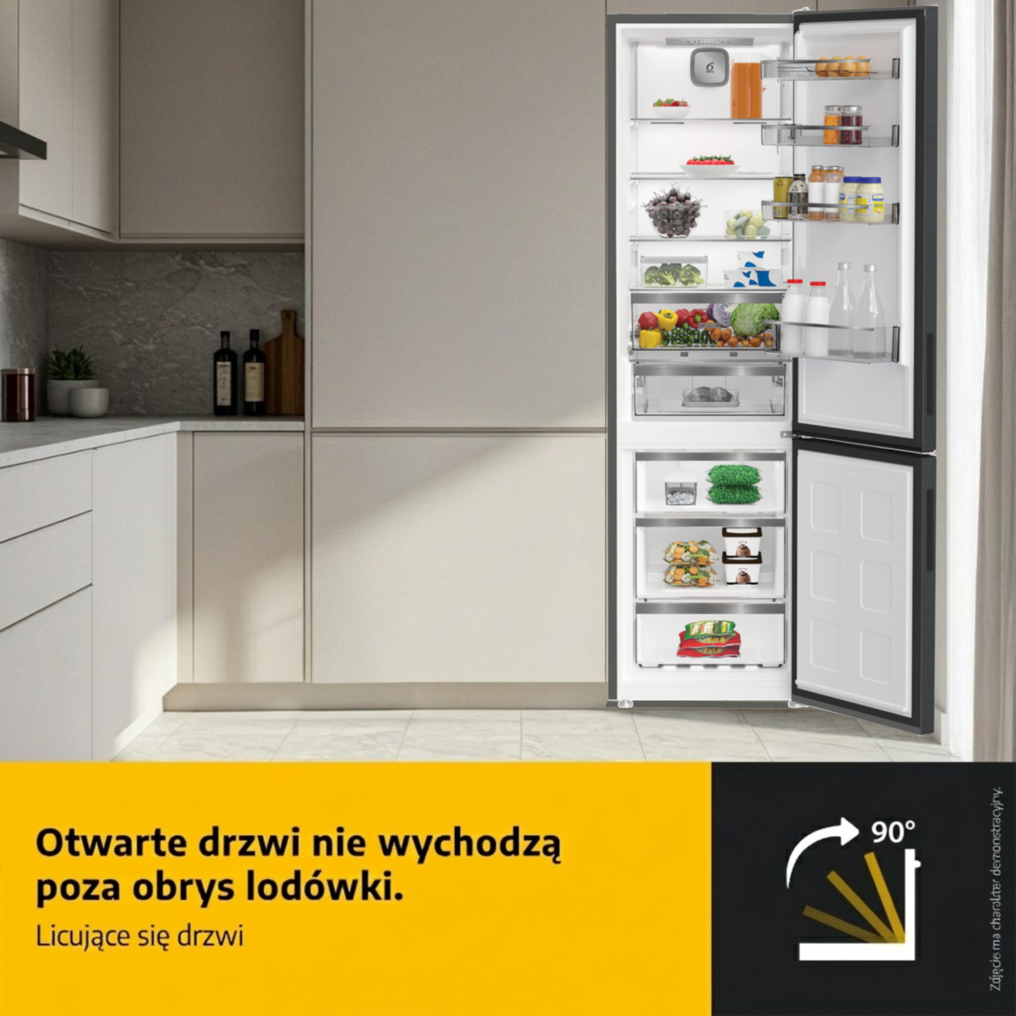 Otwarte drzwi nie wychodzą poza obrys lodówki. Licujące się drzwi.