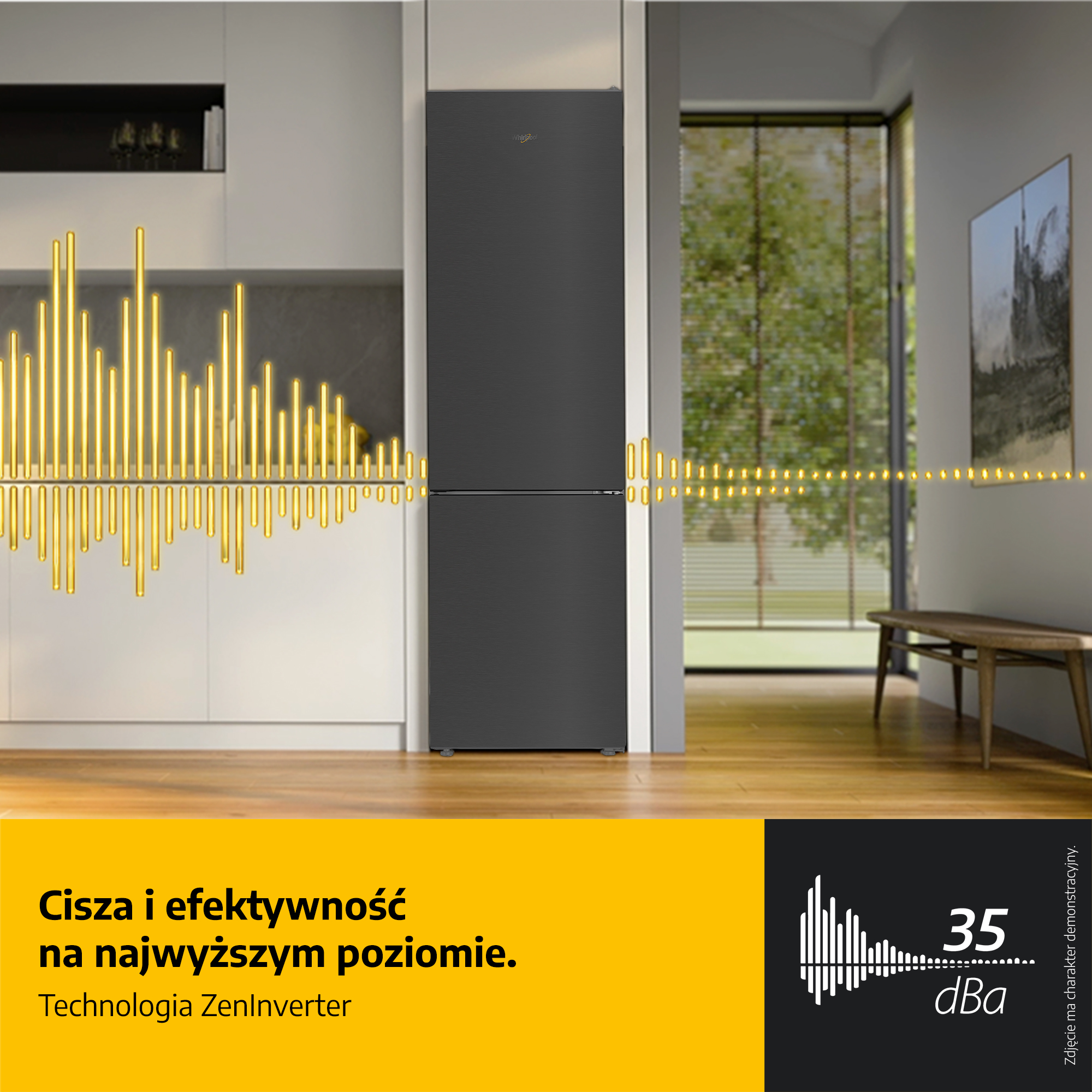 Ciemna lodówka w nowoczesnej kuchni z żółtymi grafikami fal dźwiękowych.
