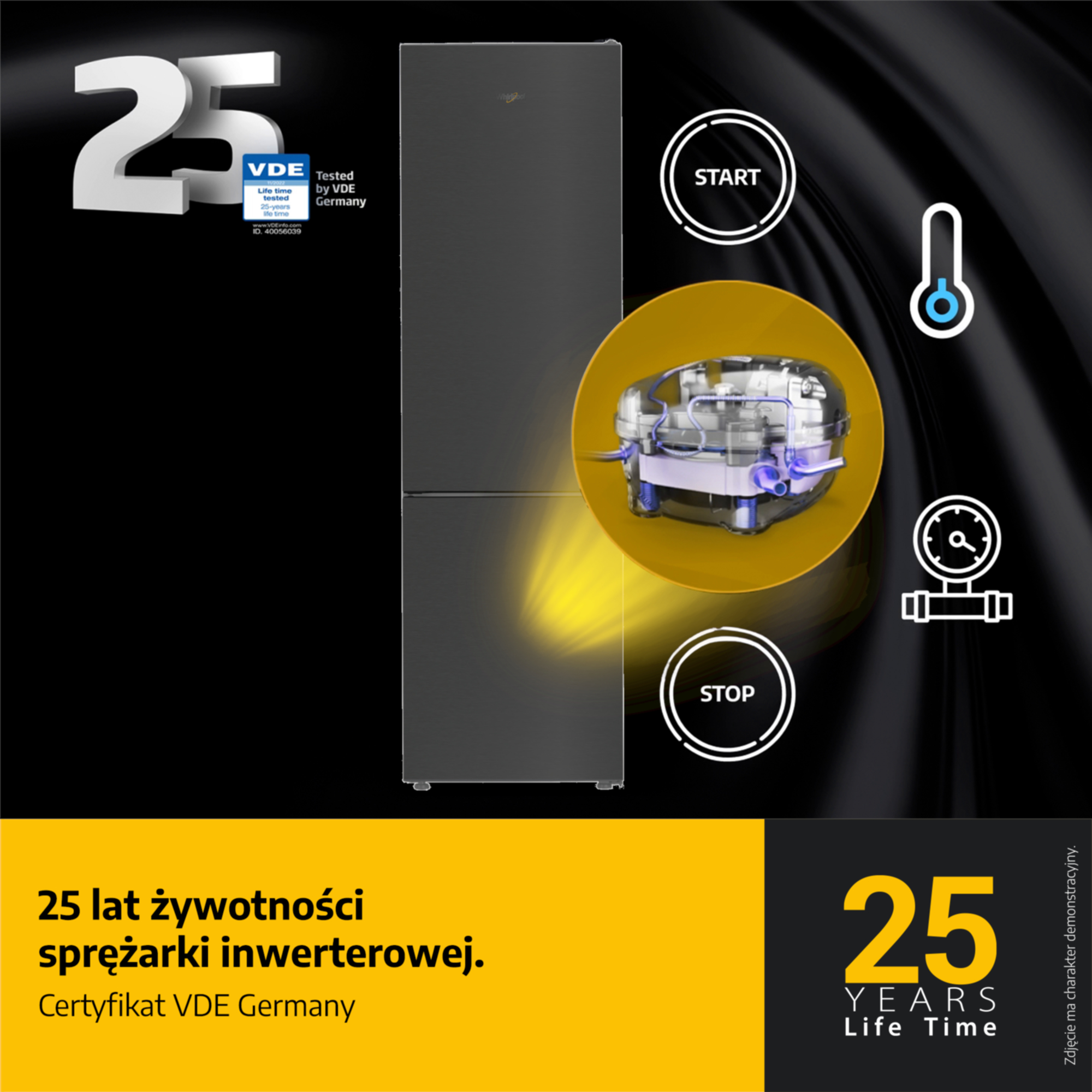 Ciemna lodówka z "25 lat", pieczęcią VDE i detalami kompresora.