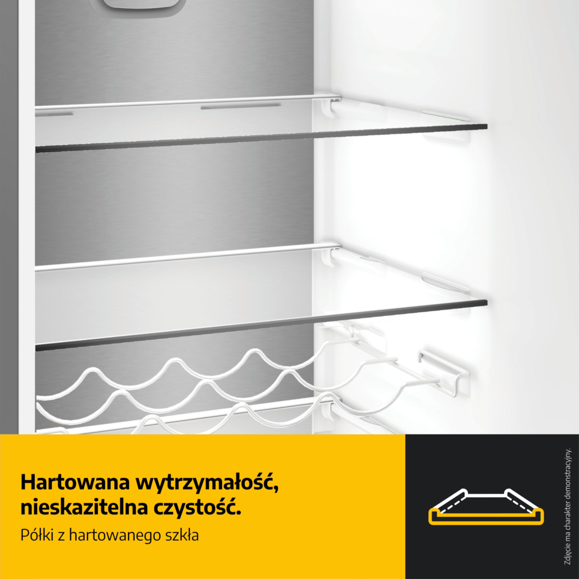 Szklane półki lodówki z uchwytem na butelki.
