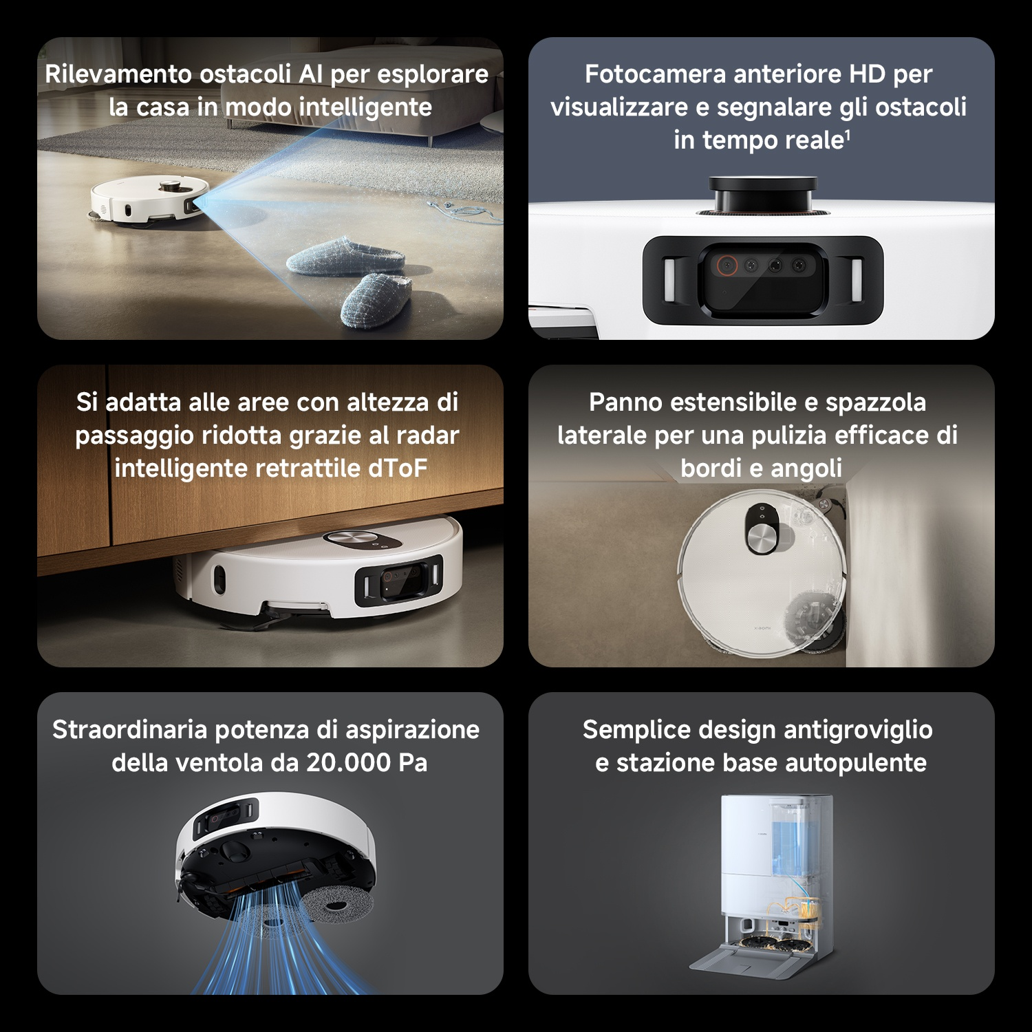 Un robot aspirapolvere bianco con rilevamento ostacoli IA naviga su un tappeto.