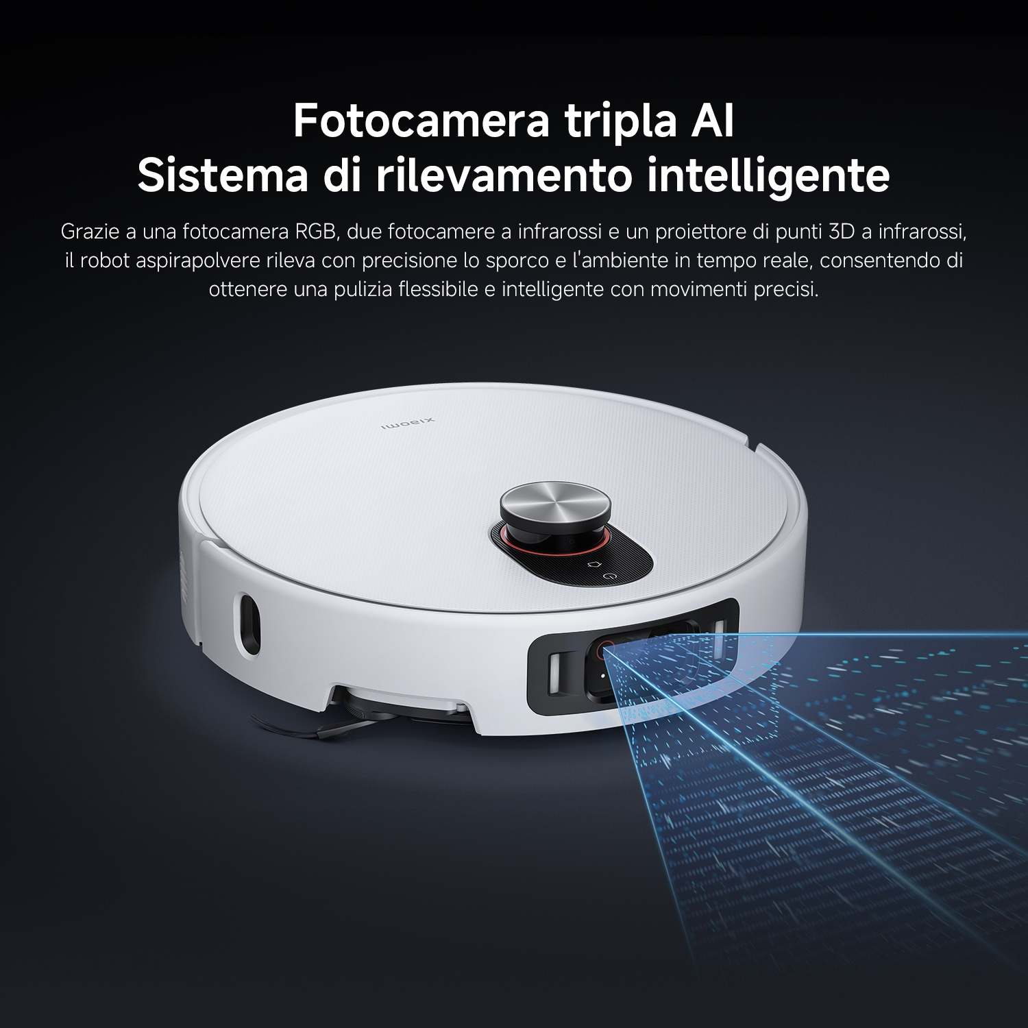 Un robot aspirapolvere bianco con telecamere e scanner laser che mappano l'ambiente.