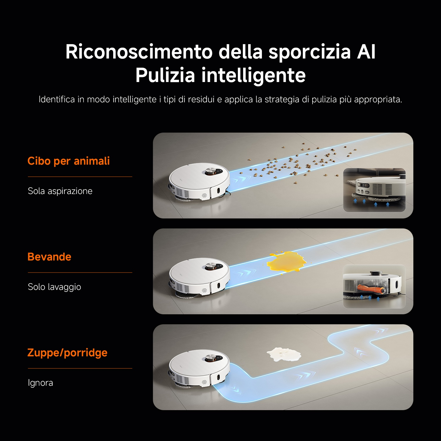 Un robot aspirapolvere pulisce diversi tipi di sporco: cibo per animali, liquidi e zuppe.