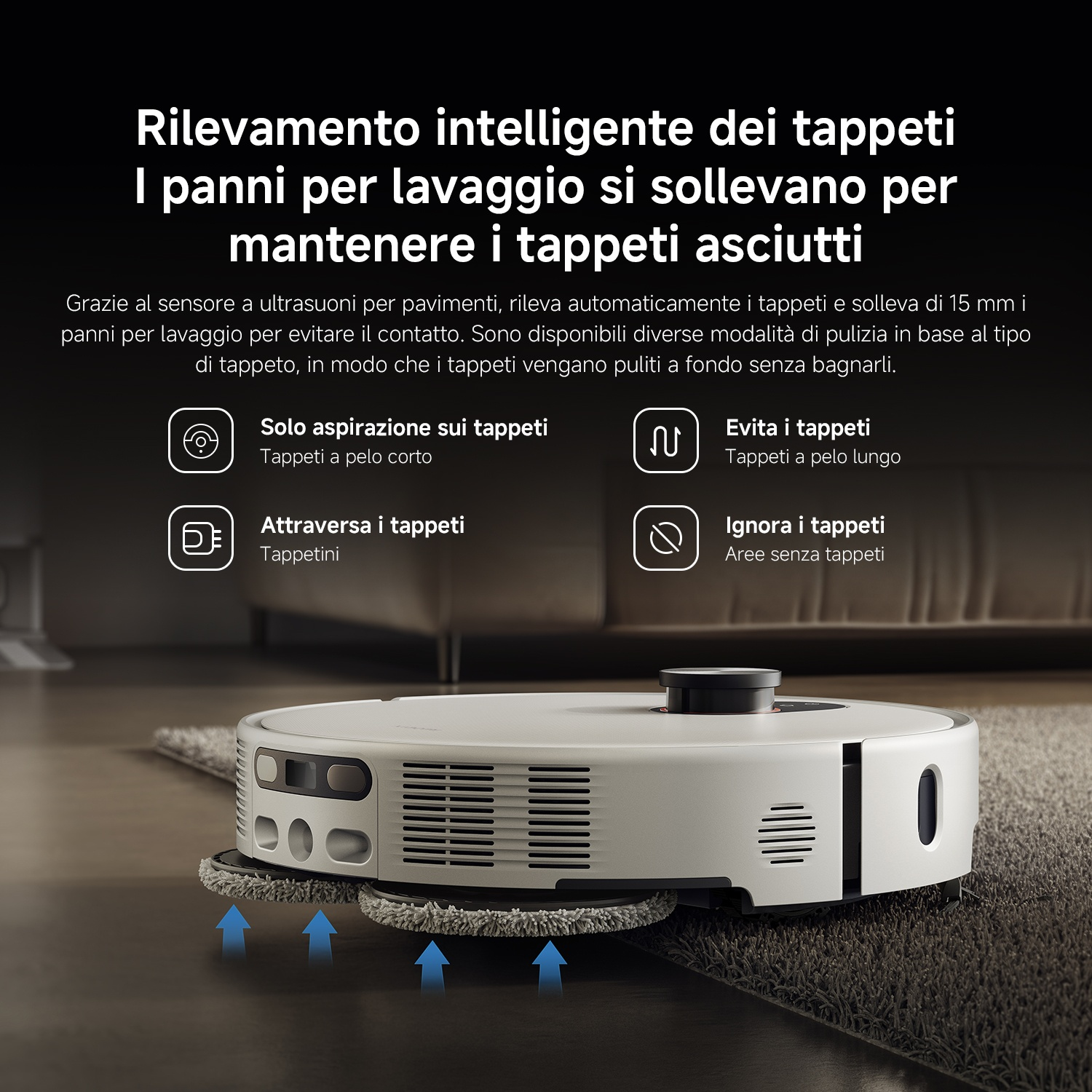 Un robot aspirapolvere bianco pulisce un tappeto, con frecce blu che puntano verso l'alto.