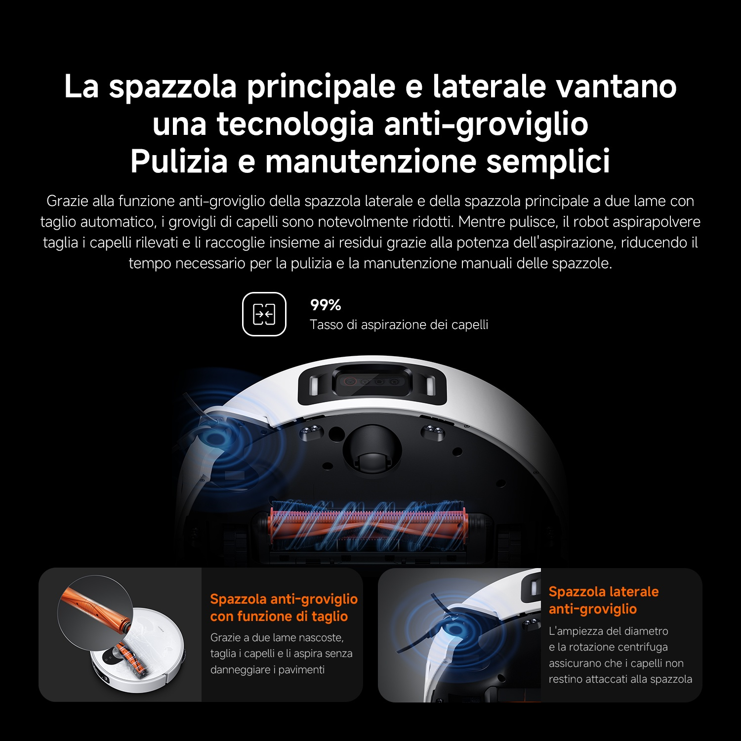 Un robot aspirapolvere con spazzole principali e laterali anti-groviglio. Taglia i capelli e li aspira.