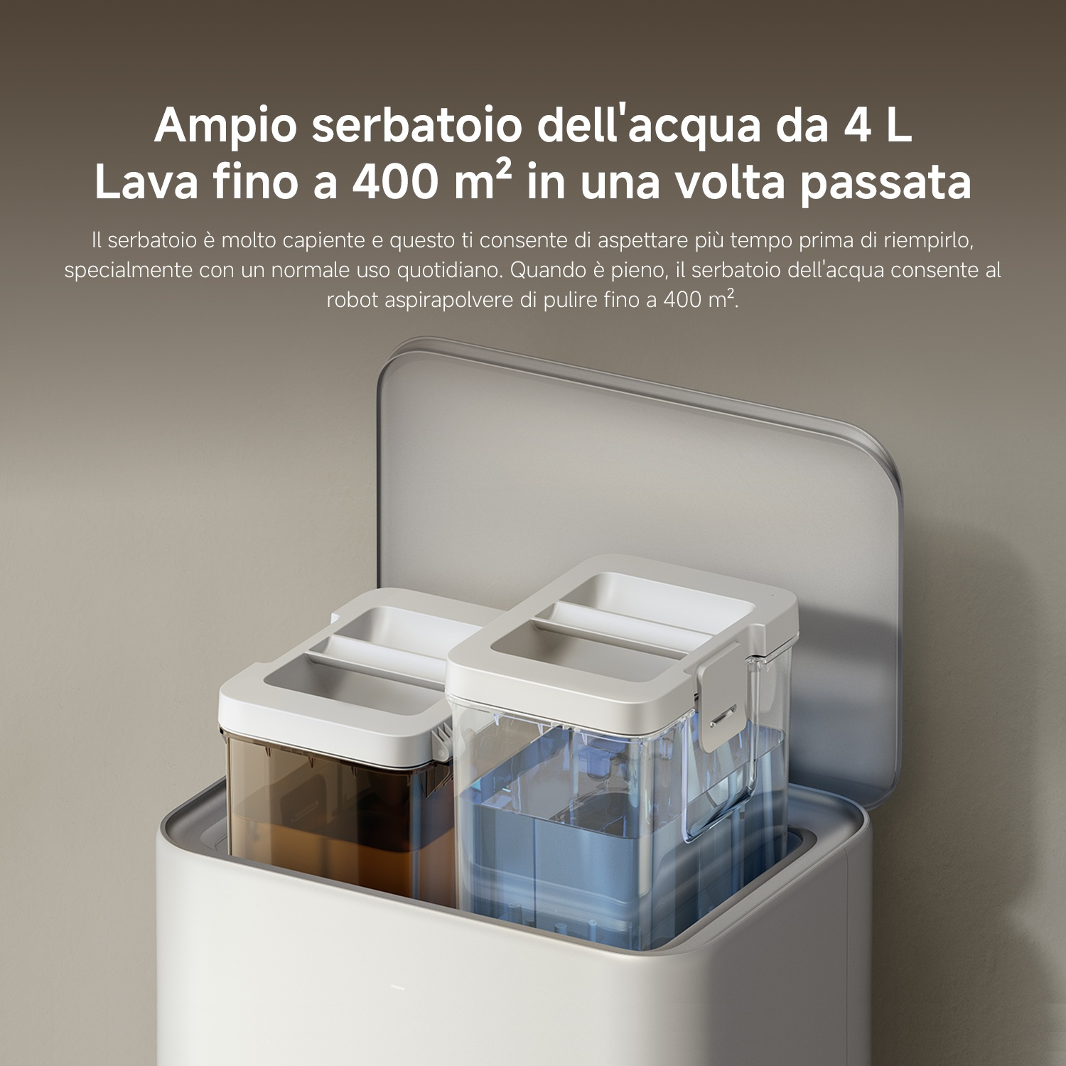 Due serbatoi d'acqua trasparenti con coperchi bianchi in una base bianca.