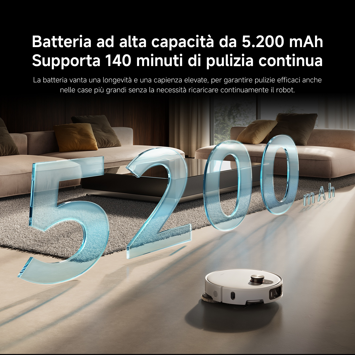 Un robot aspirapolvere bianco su pavimento chiaro davanti a un divano, con numeri trasparenti 5200 mAh.