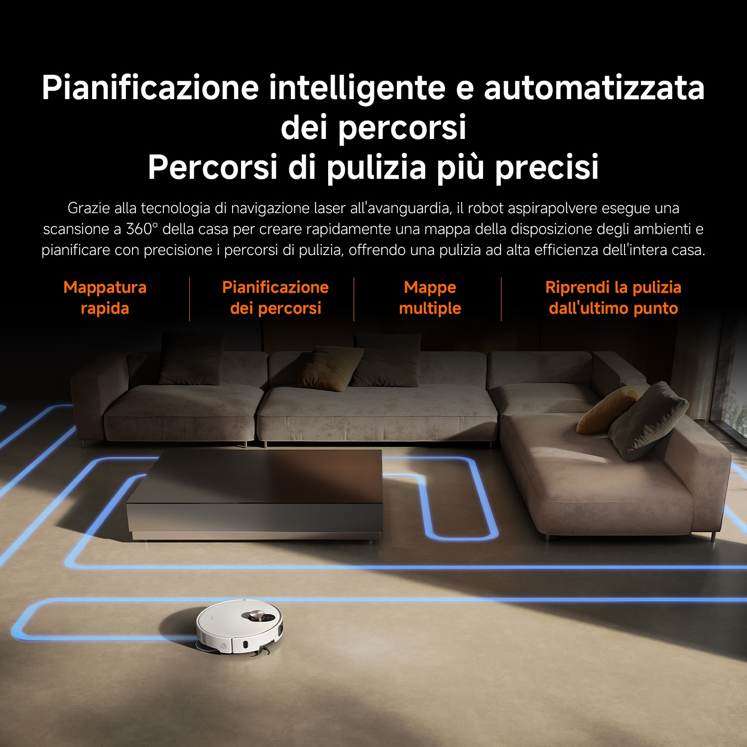 Un robot aspirapolvere bianco pulisce un pavimento con linee di navigazione blu. Un divano sullo sfondo.