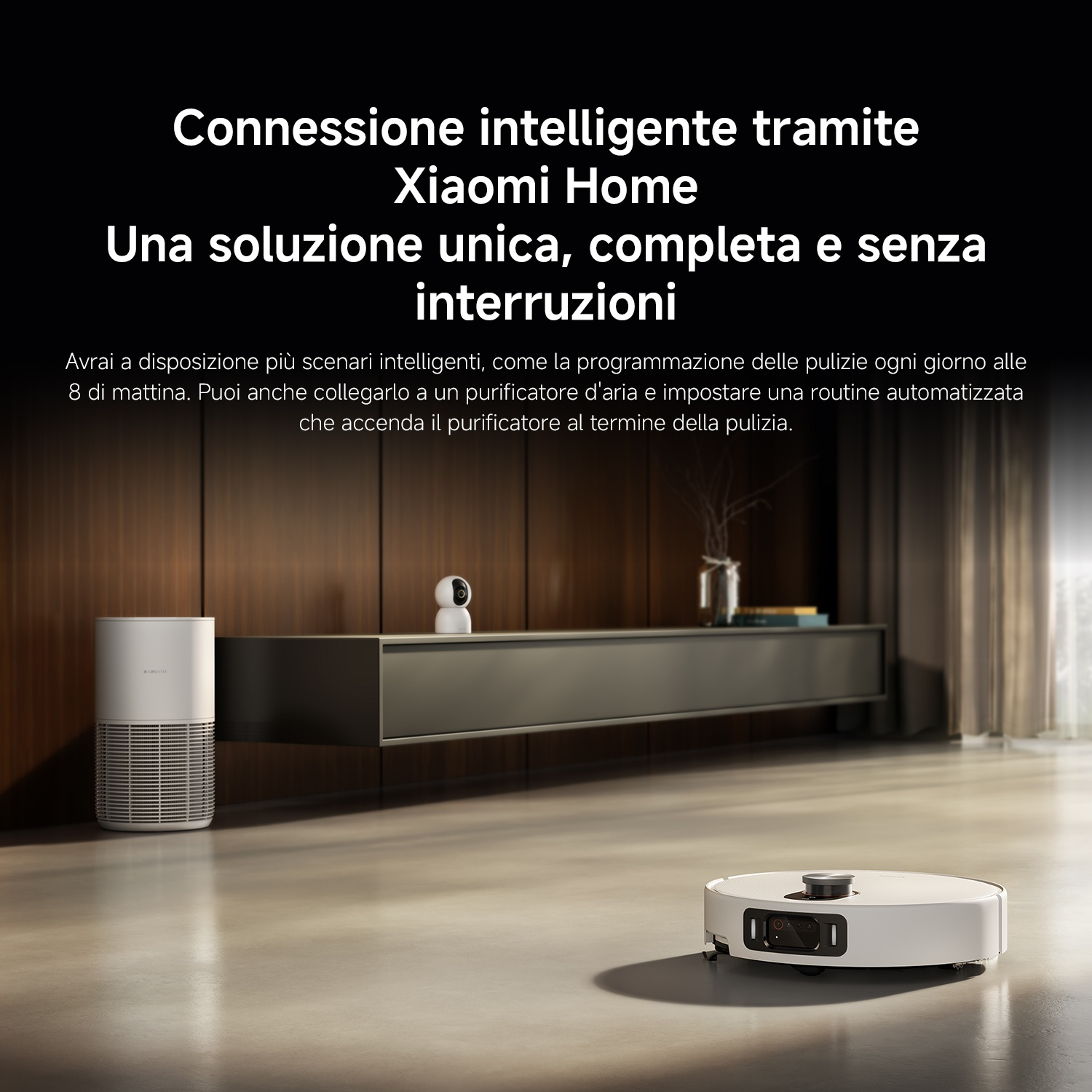 Un purificatore d'aria bianco e un robot aspirapolvere su un pavimento lucido.