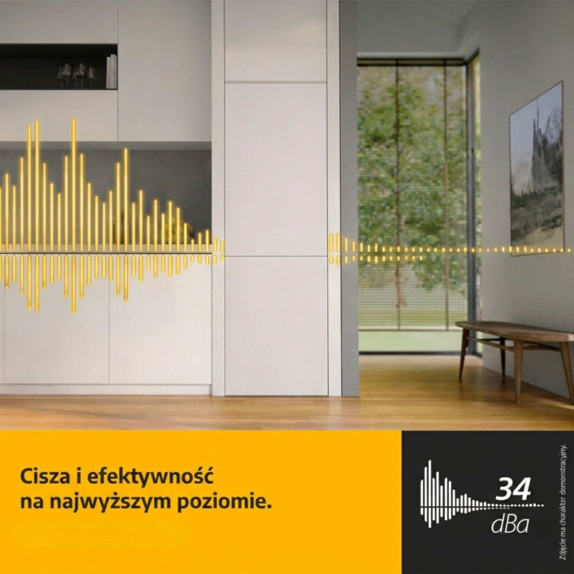 Nowoczesna kuchnia z podświetloną falą dźwiękową, ławką i obrazem.