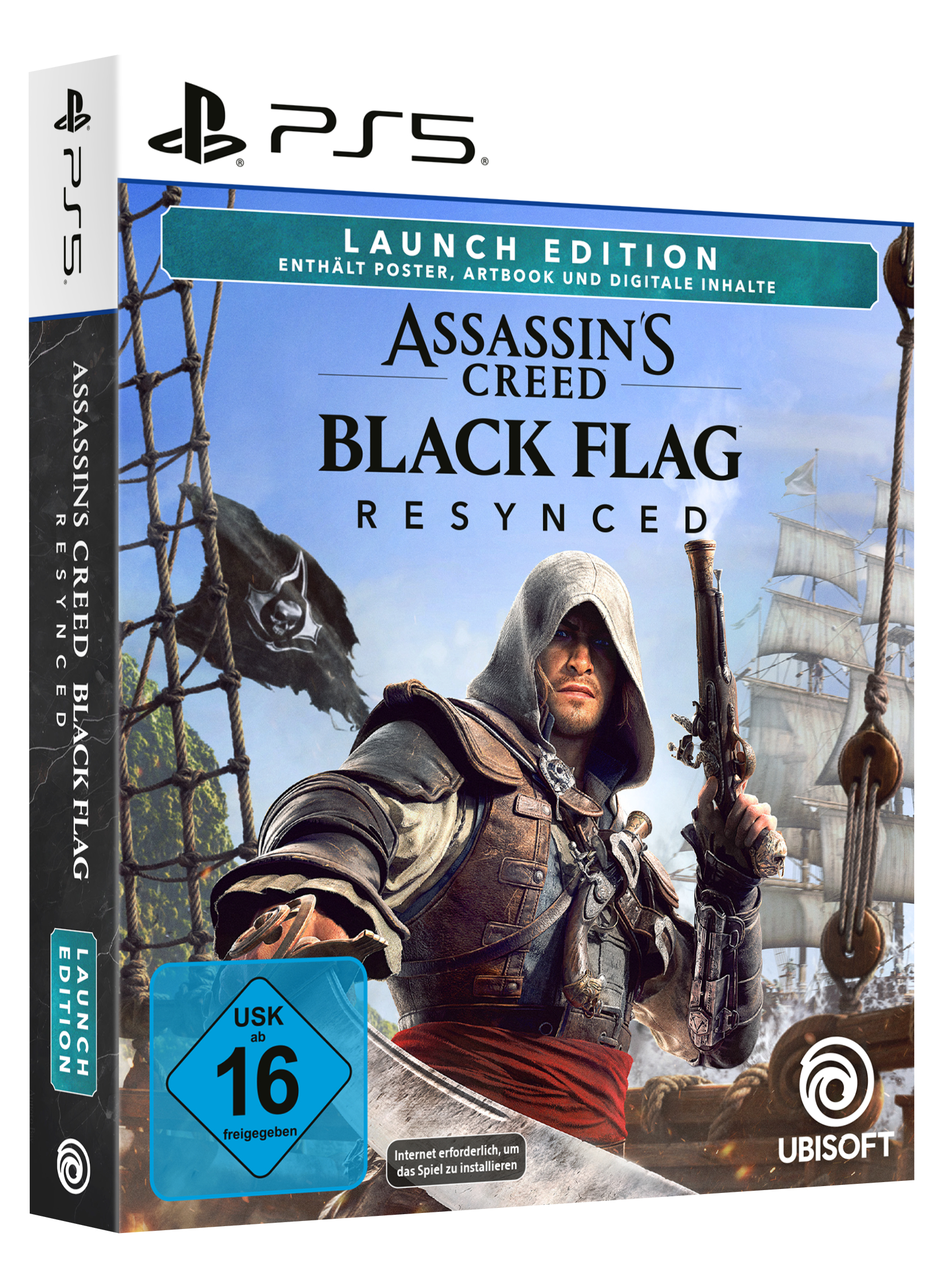 Cover von Assassin's Creed Black Flag für PS5, zeigt Piratenkapitän vor Schiff.
