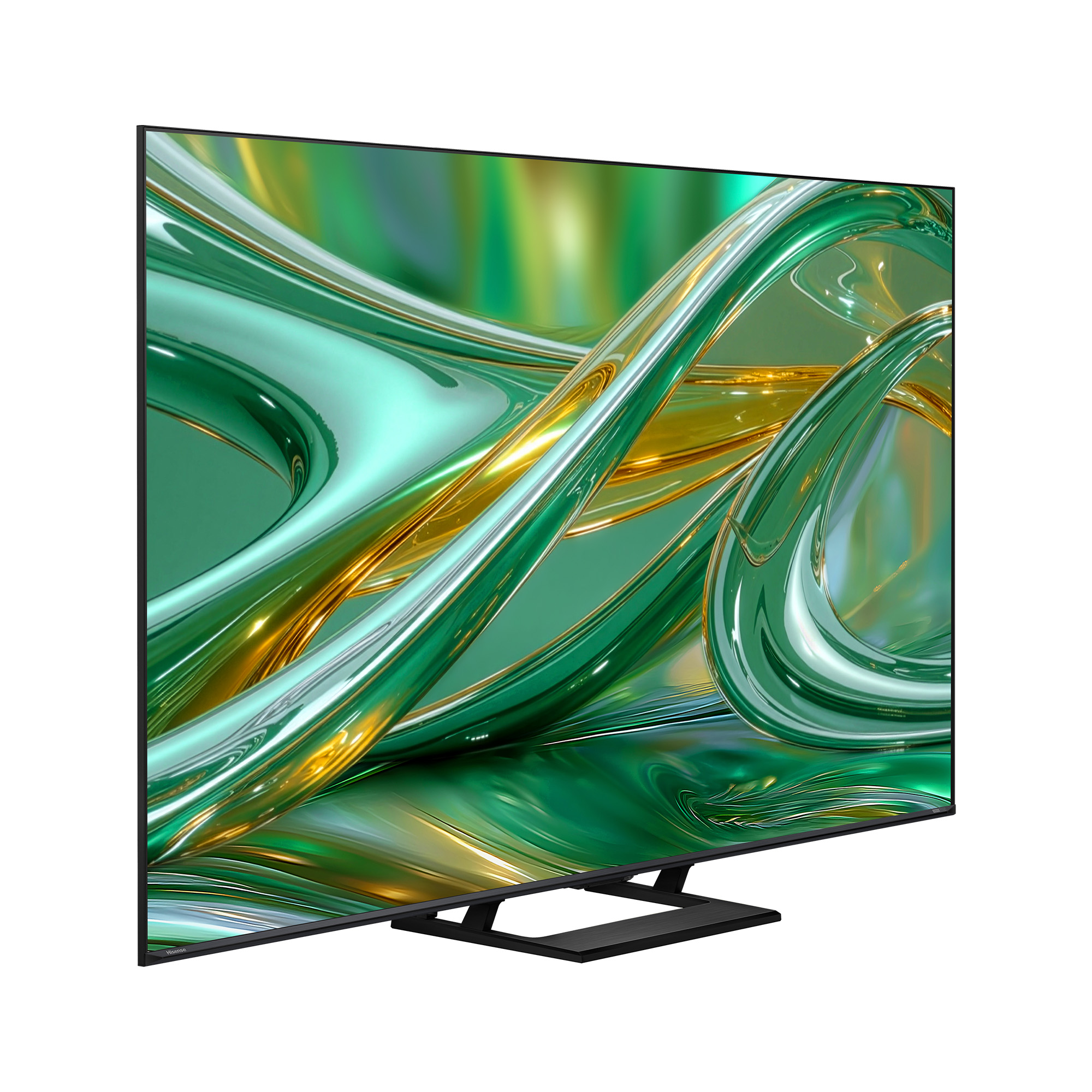 Un televisor moderno que muestra un fondo abstracto verde y dorado.