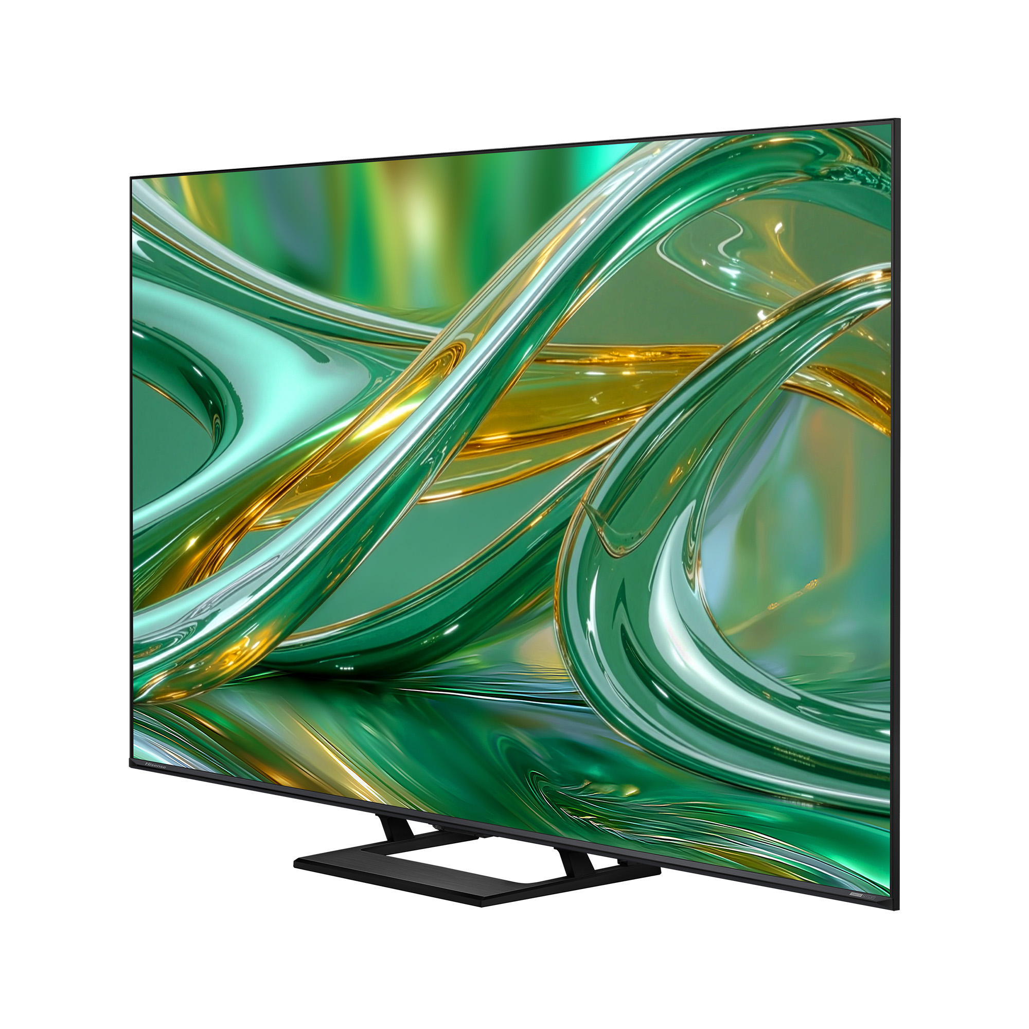 Un televisor moderno con un diseño abstracto y fluido en verde y dorado en la pantalla.