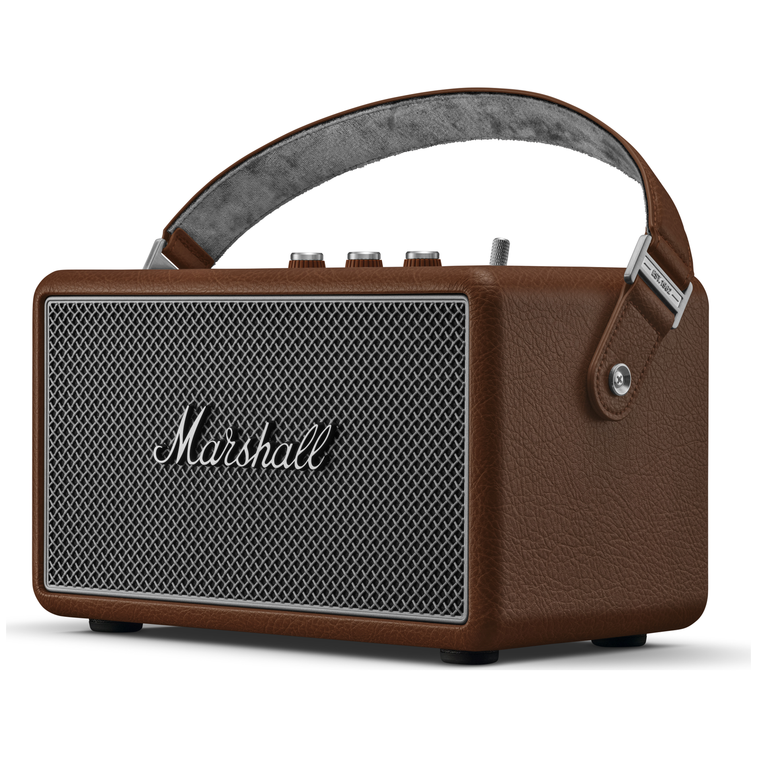 Bruine Marshall speaker met handvat en zilverkleurig rooster.
