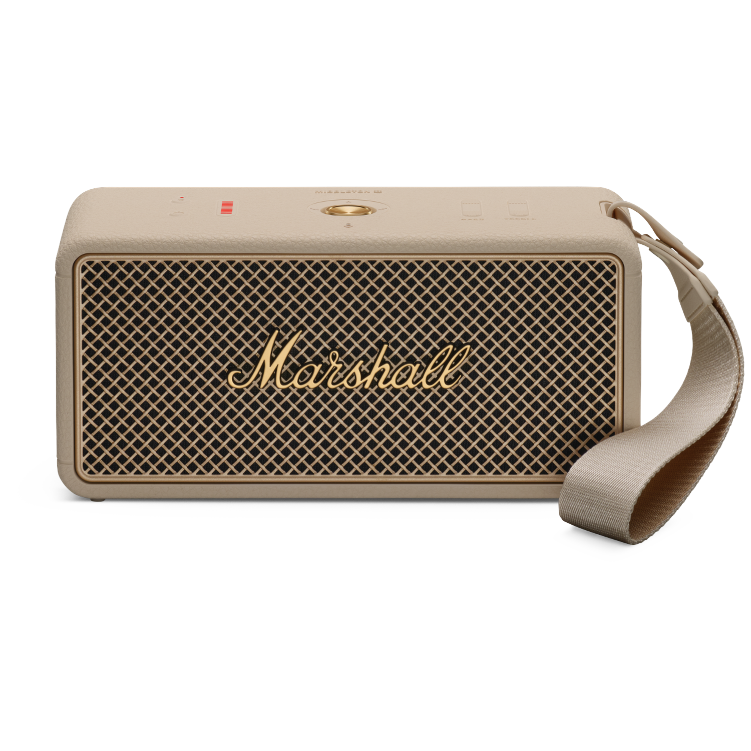 A beige Marshall speaker with a gold grille and a carrying strap.