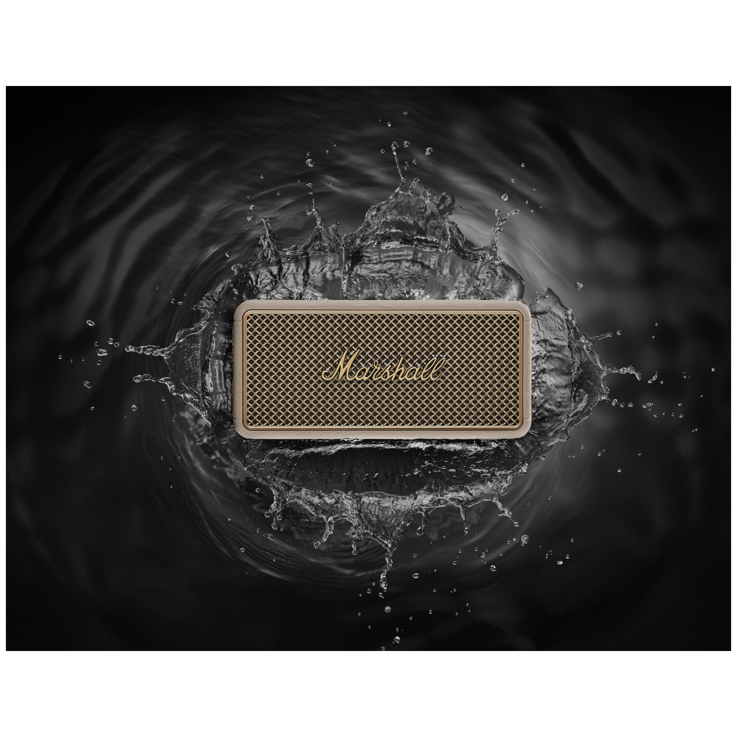 A Marshall speaker with a gold grille splashes in water against a black background.