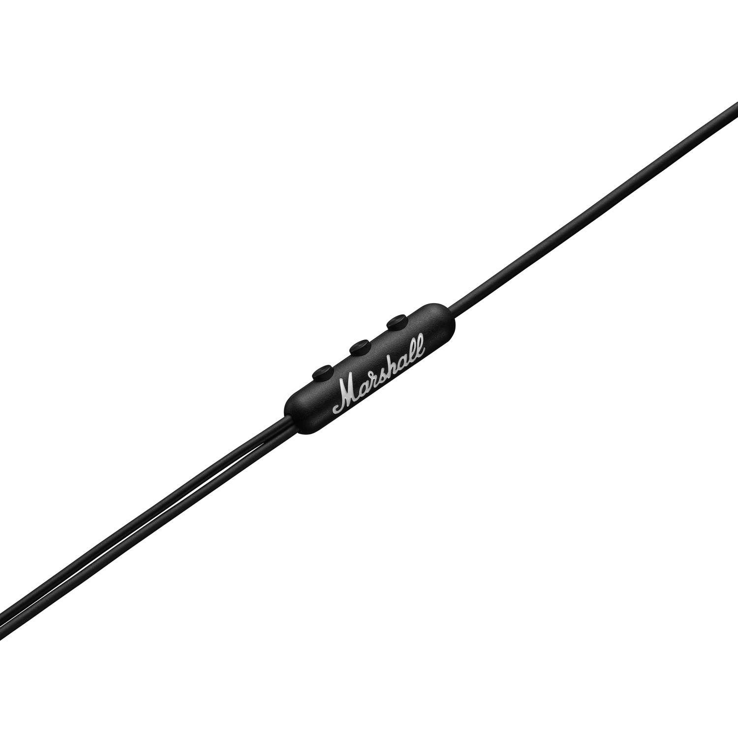 Black Marshall wired earbuds with inline controls and three buttons on a white background.