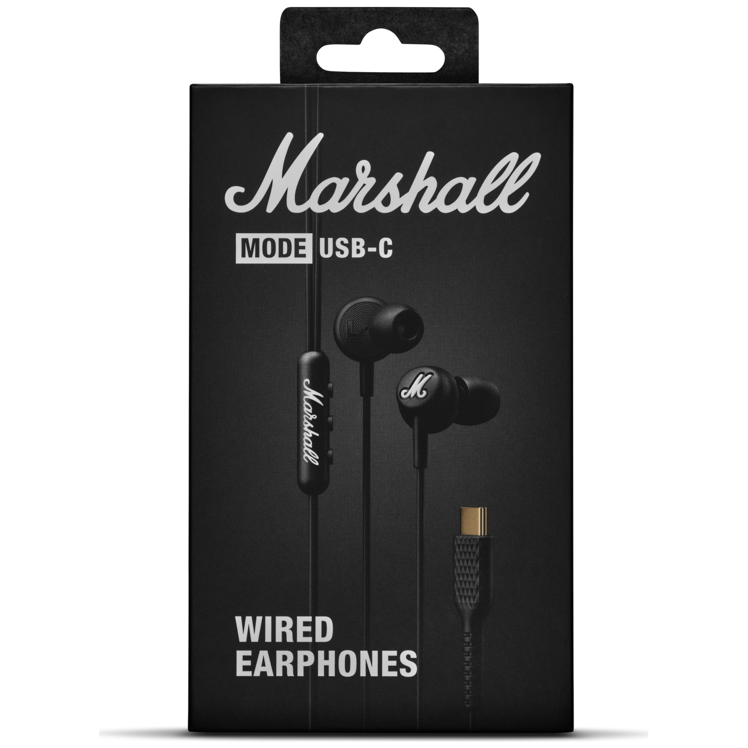 Black Marshall wired earphones with USB-C connector on a black box.