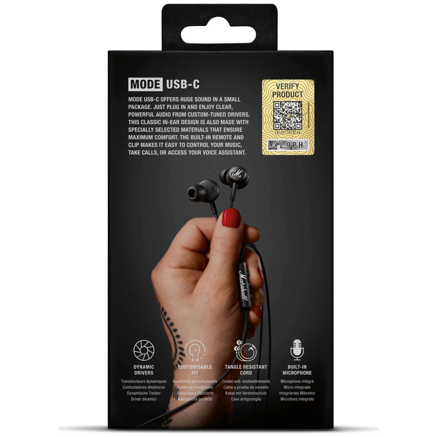 Black Marshall in-ear headphones held by a hand with red nail polish, product info.