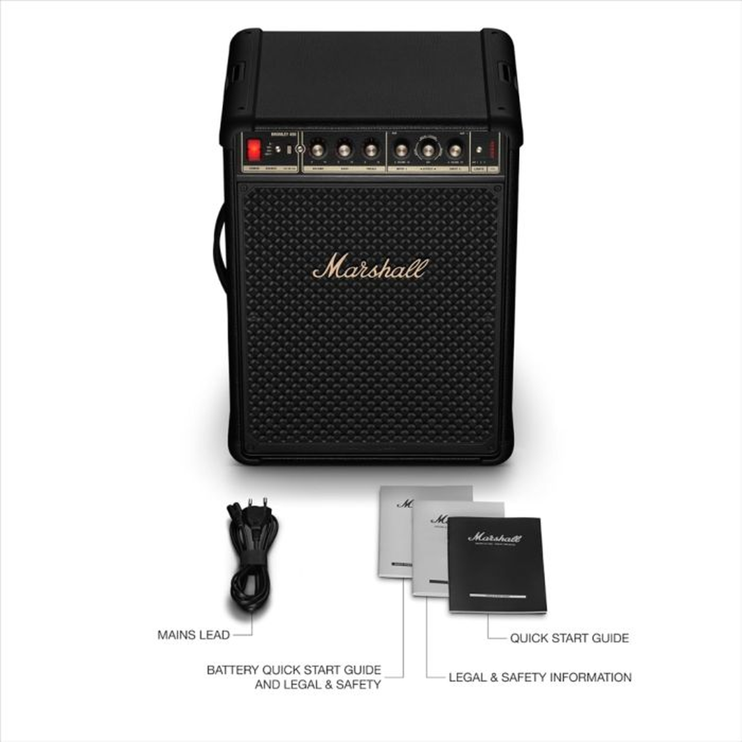 Un amplificateur Marshall noir avec accessoires : câble secteur, manuels.