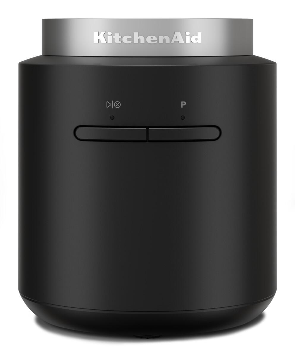 Schwarzer KitchenAid-Aufsatz mit silbernem Deckel und Bedienelementen.