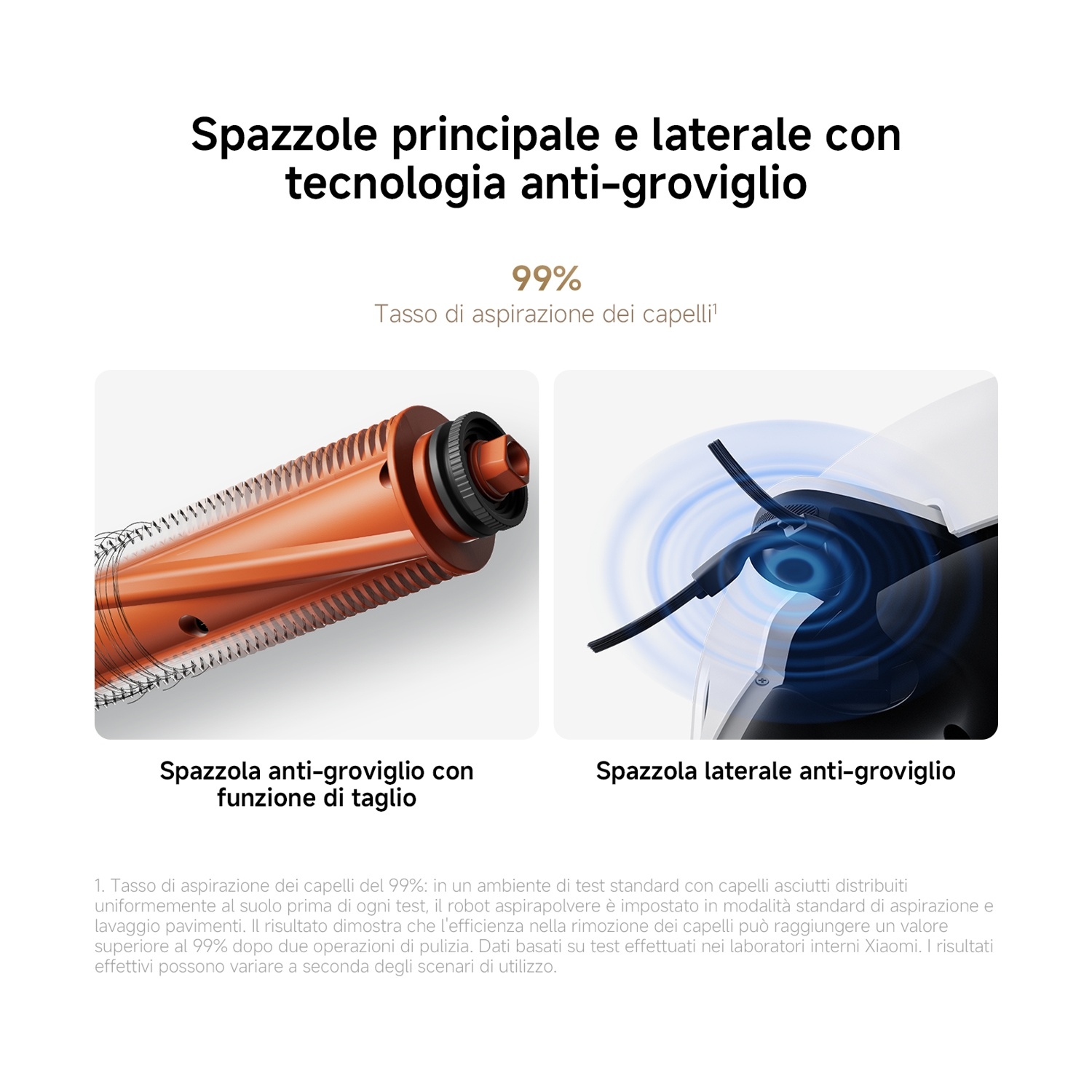 Spazzola arancione con funzione di taglio e spazzola laterale anti-groviglio.