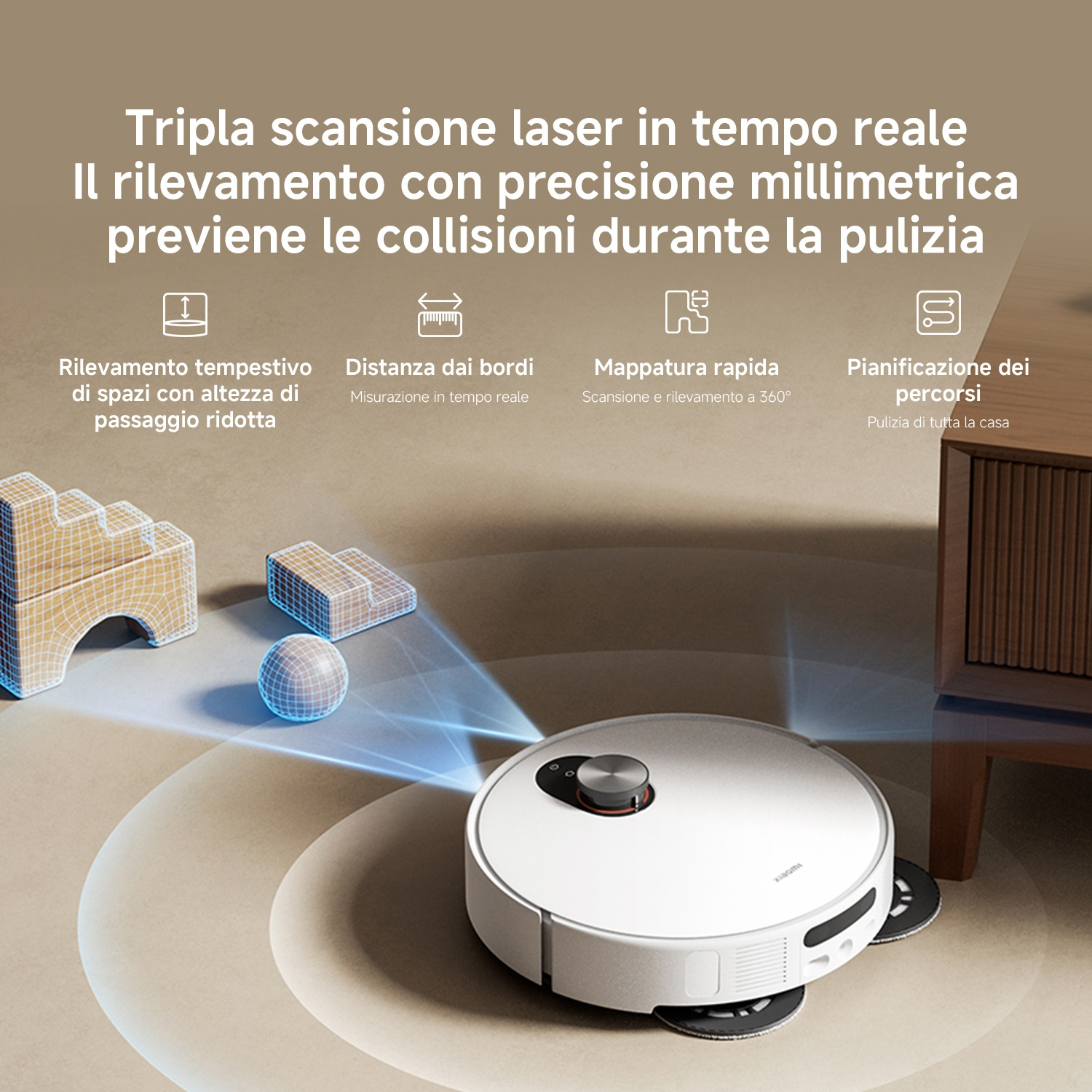 Un robot aspirapolvere bianco scansiona oggetti con raggi laser blu.