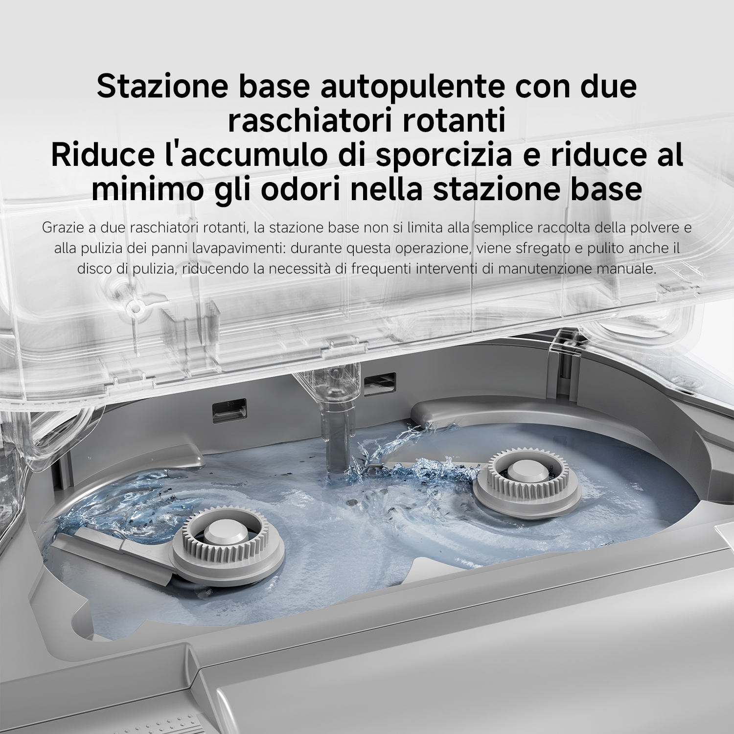 Stazione base autopulente con raschiatori rotanti che spruzzano acqua.