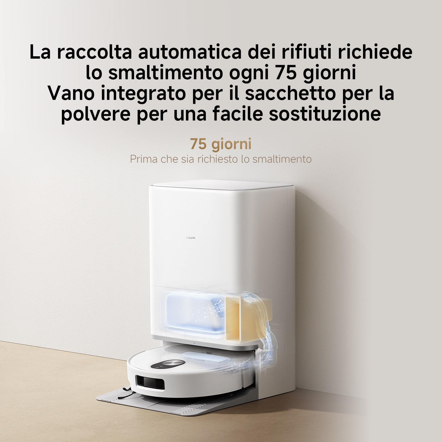 Robot aspirapolvere Xiaomi bianco con stazione di svuotamento polvere. Testo descrive 75 giorni.