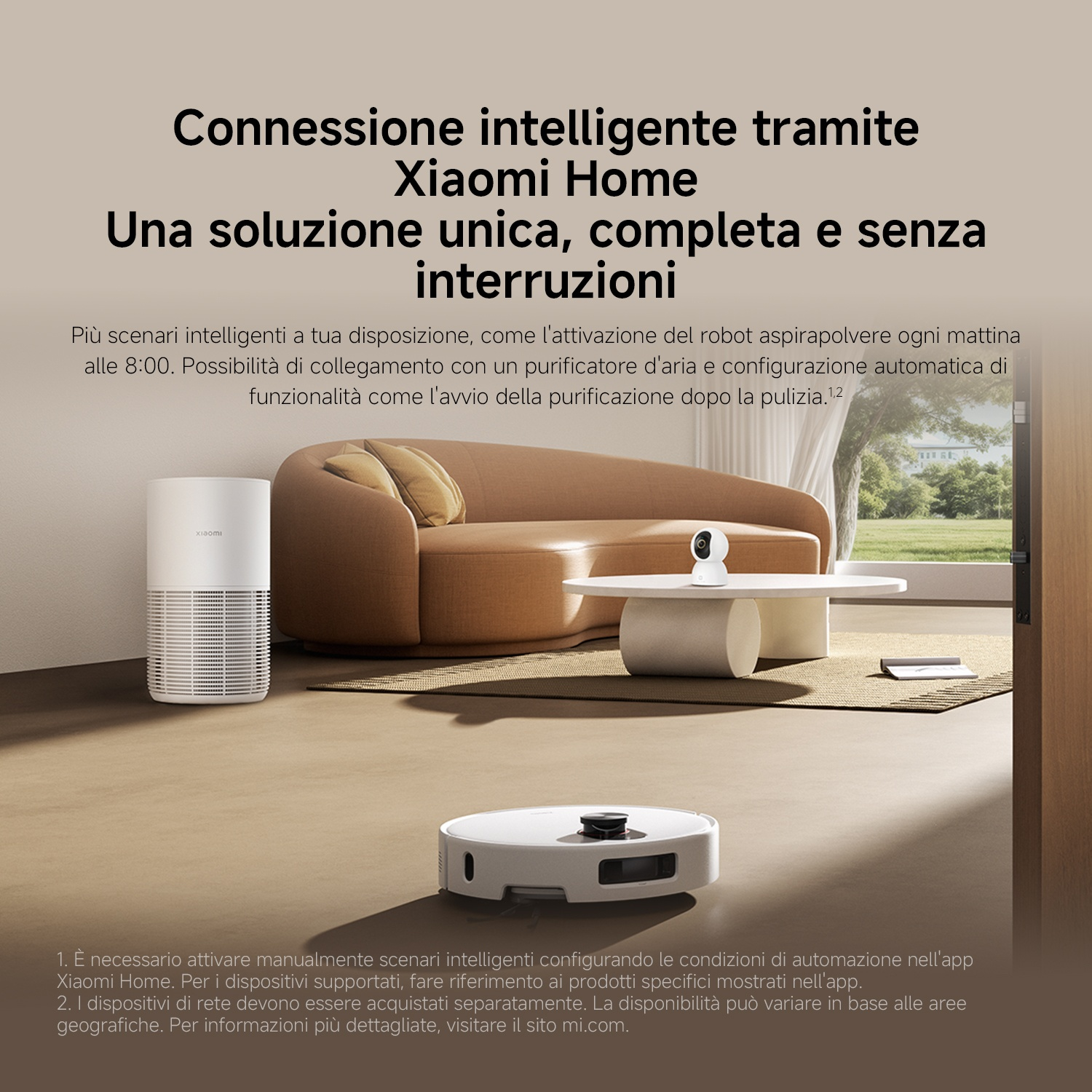 Un purificatore d'aria bianco, divano, tavolo con telecamera e robot aspirapolvere.