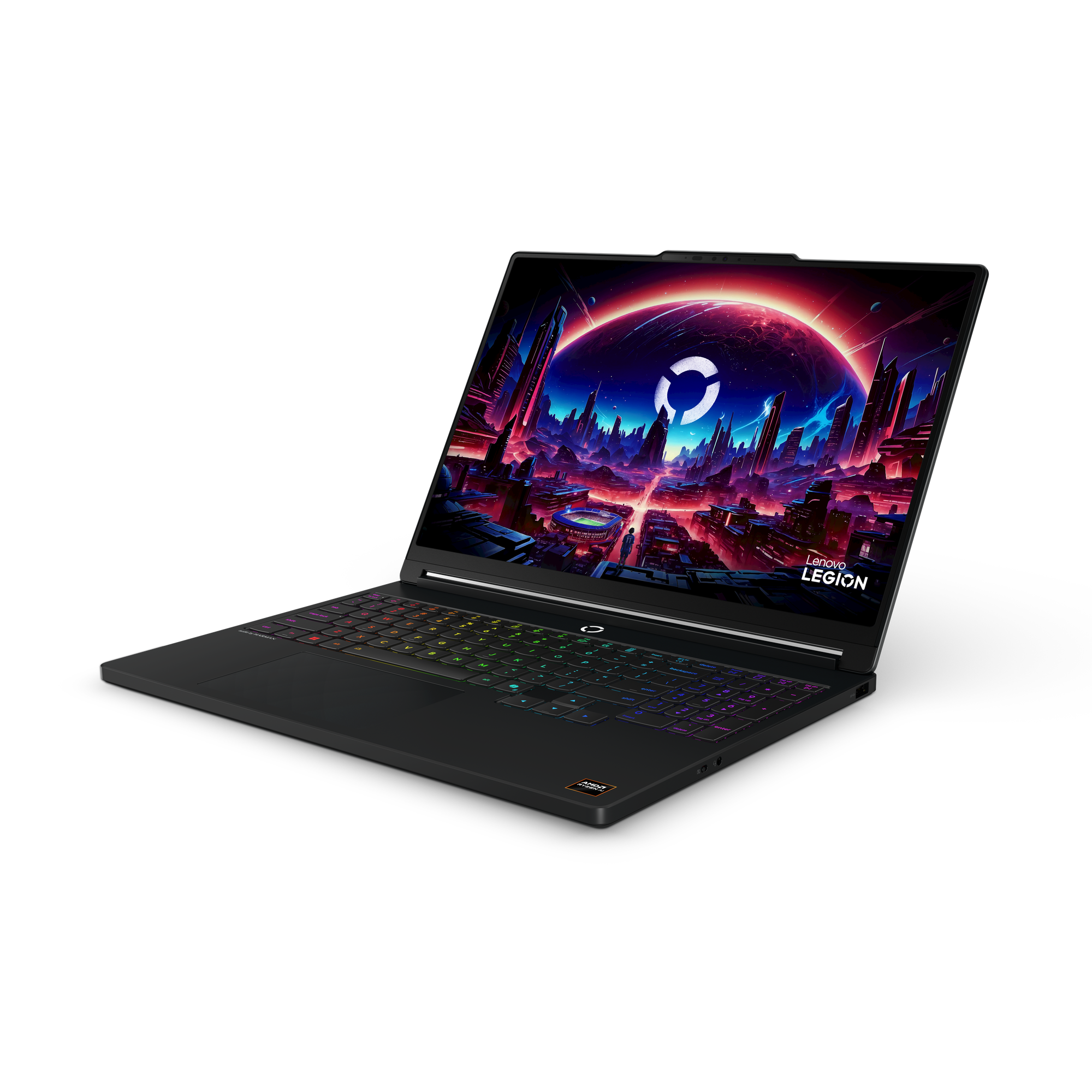 Schwarzer Laptop mit beleuchteter Tastatur und futuristischem Hintergrundbild.