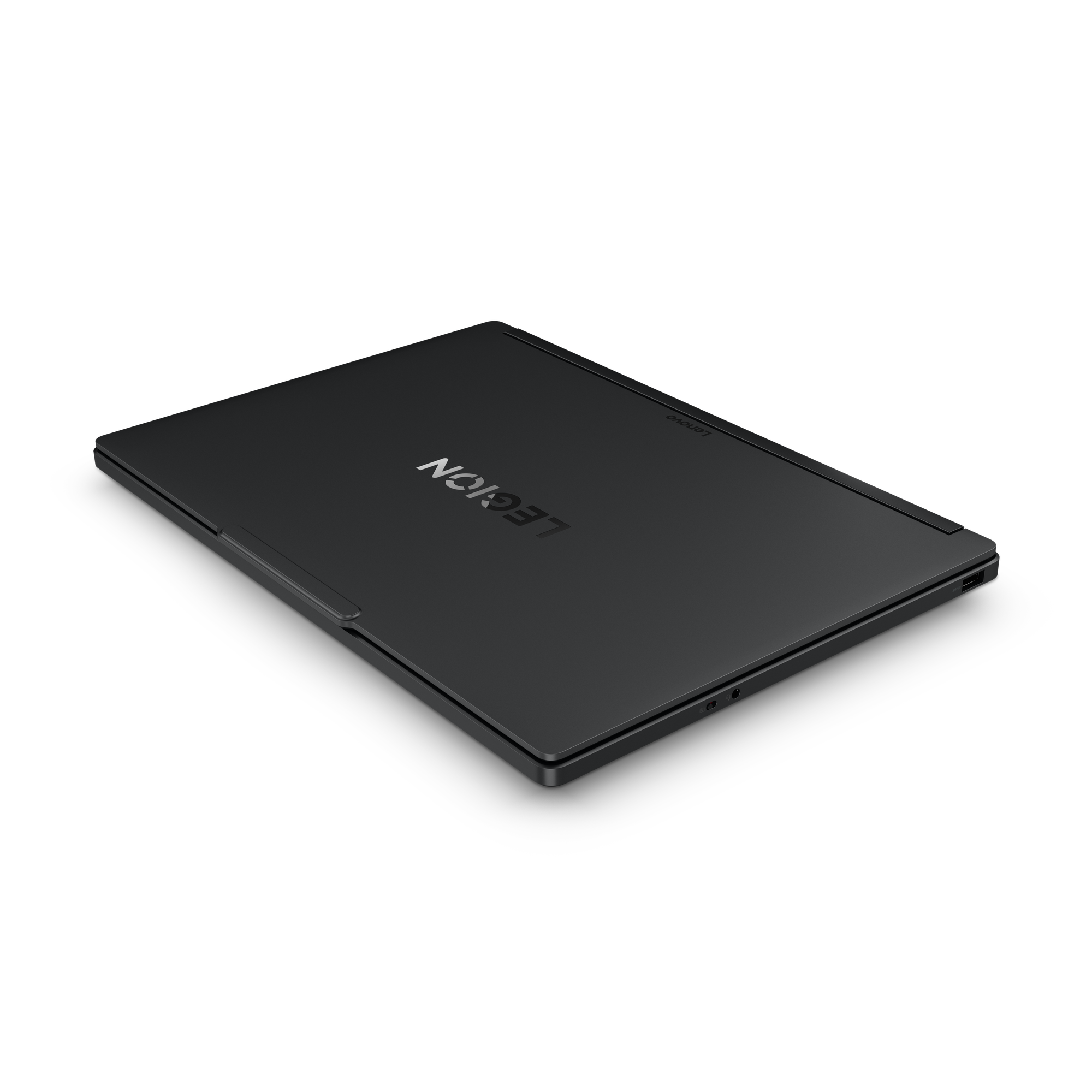 Schwarzer Laptop mit "LEGION"-Logo auf der Rückseite.