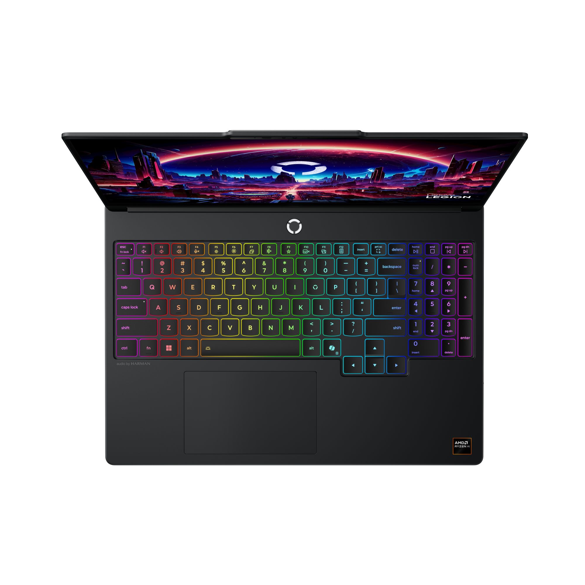 Draufsicht auf ein geöffnetes Lenovo Legion Laptop mit futuristischer Stadtansicht.