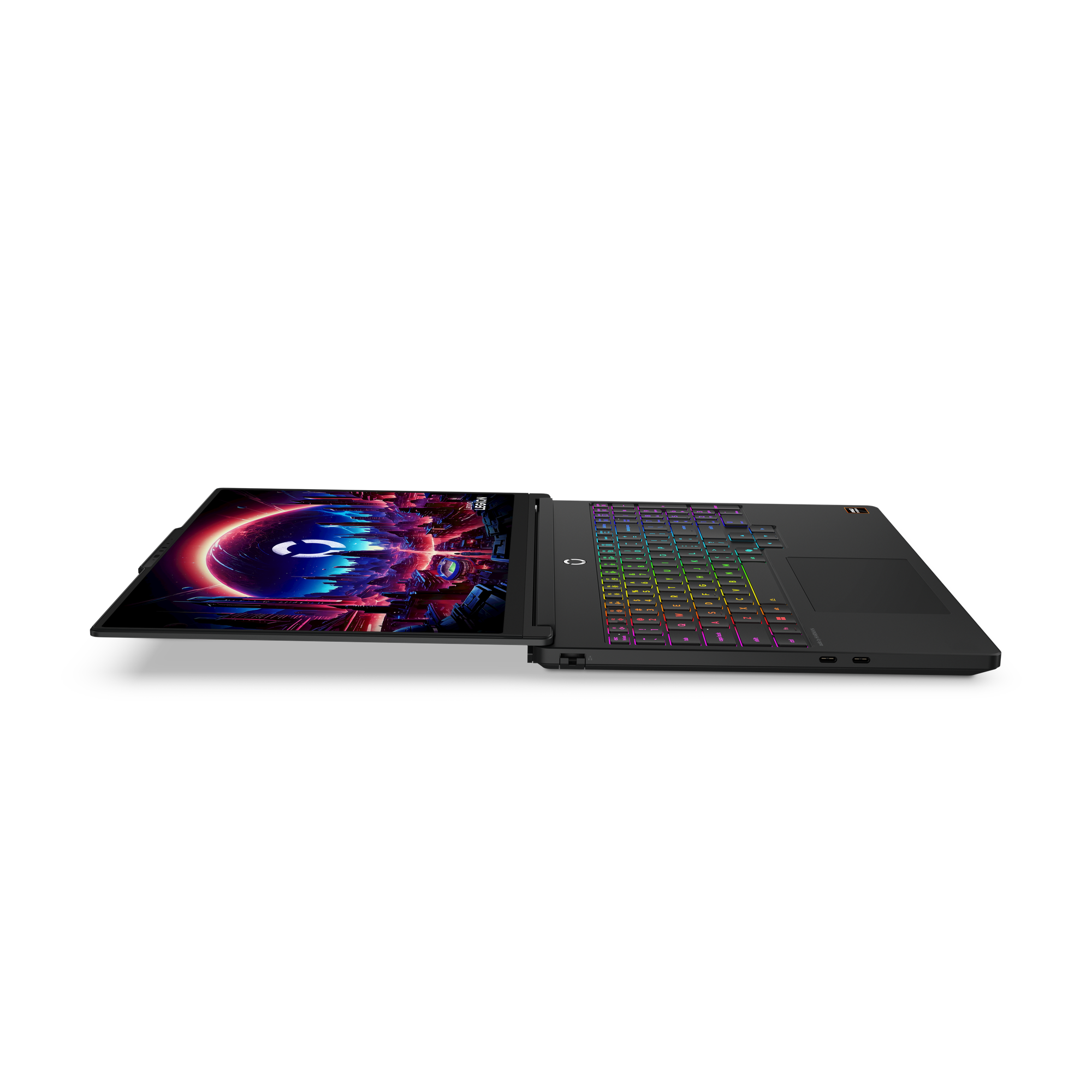 Schwarzer Laptop mit beleuchteter Tastatur und kosmischem Hintergrundbild.