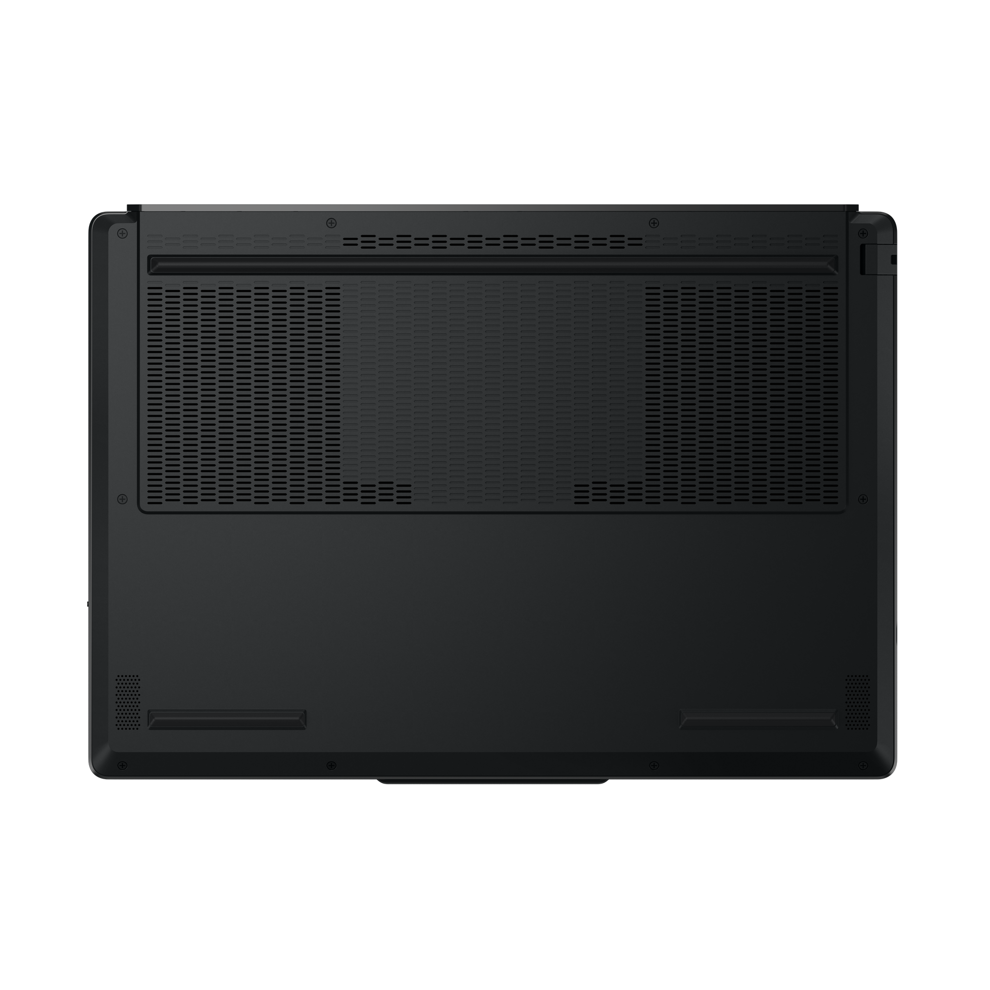 Schwarzer Laptop von unten mit sichtbaren Lüftungsschlitzen und Schrauben.