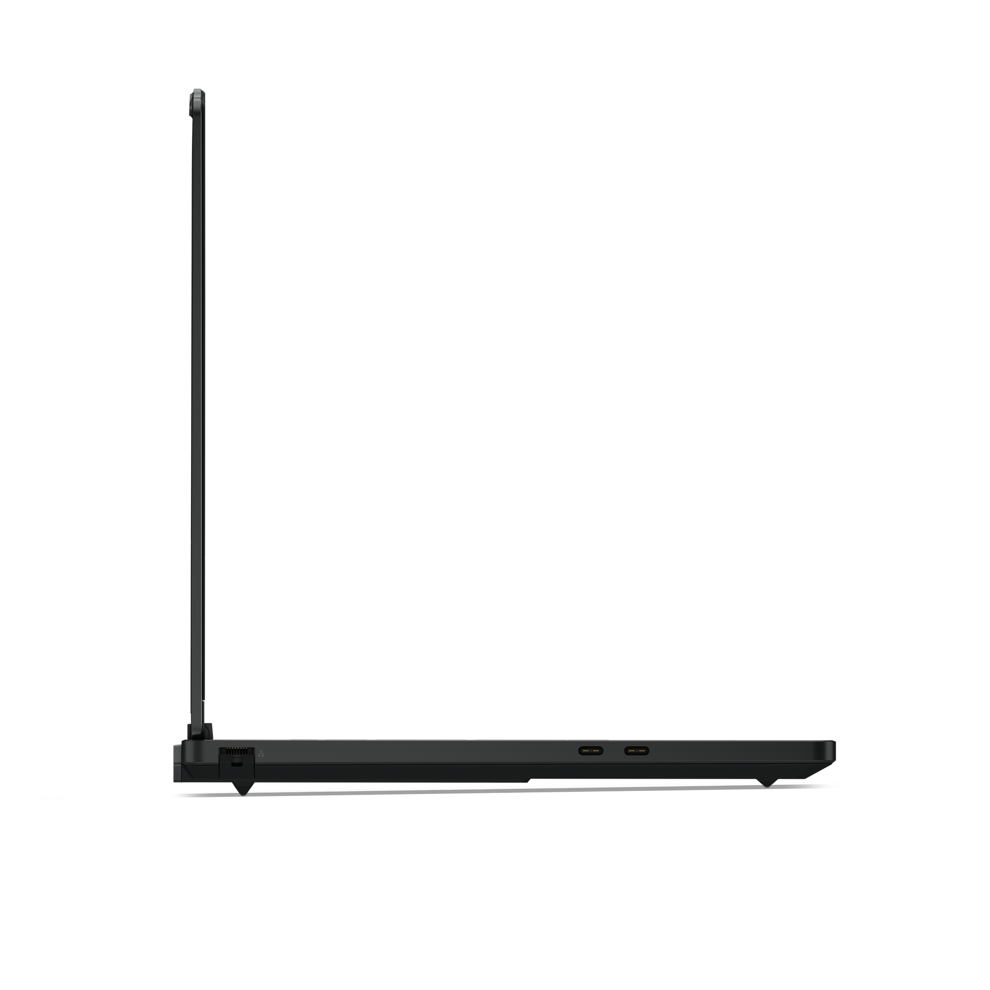 Seitenansicht eines geschlossenen schwarzen Laptops mit Anschlüssen an der Seite.