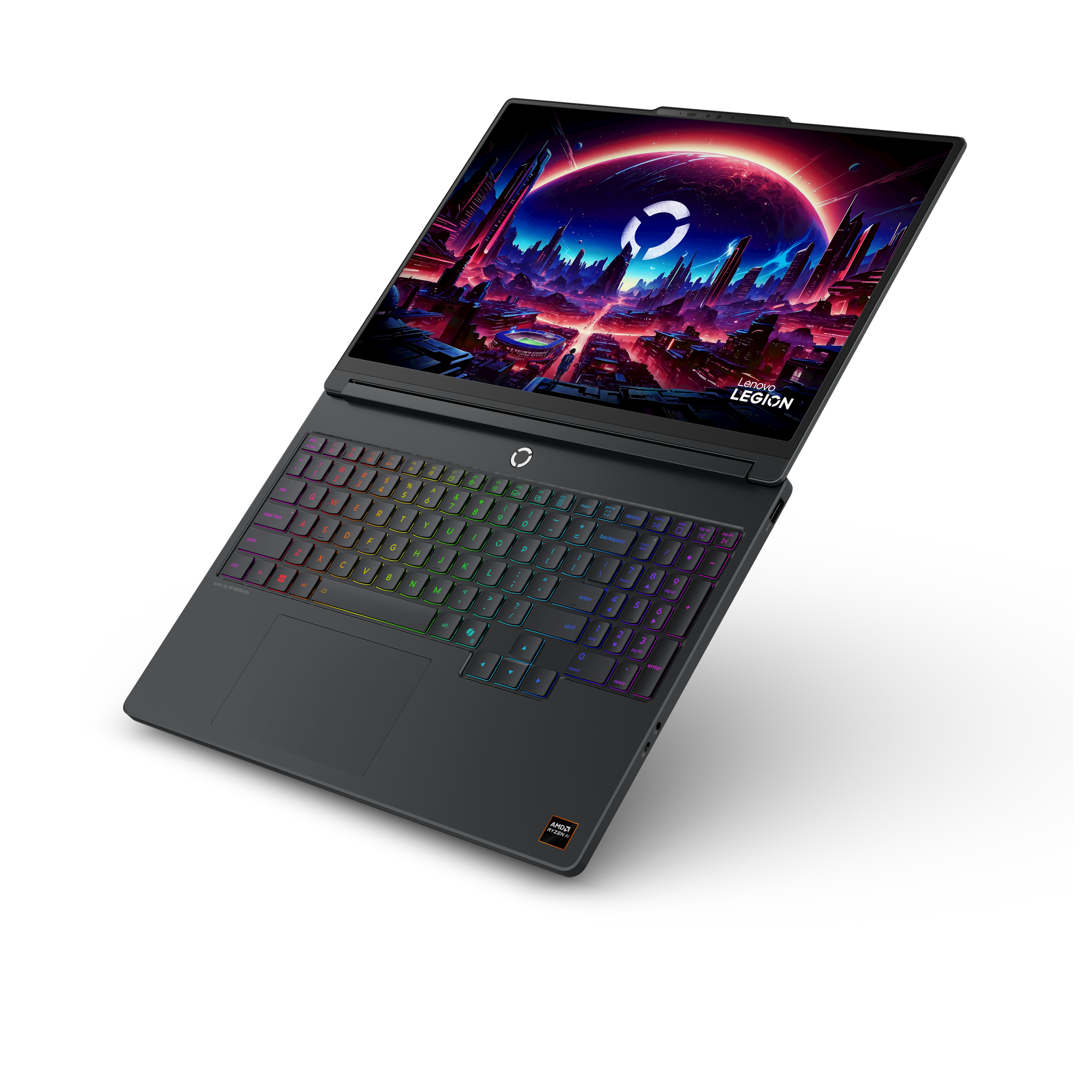 Ein geschlossener Laptop mit beleuchteter Tastatur und futuristischem Hintergrundbild.