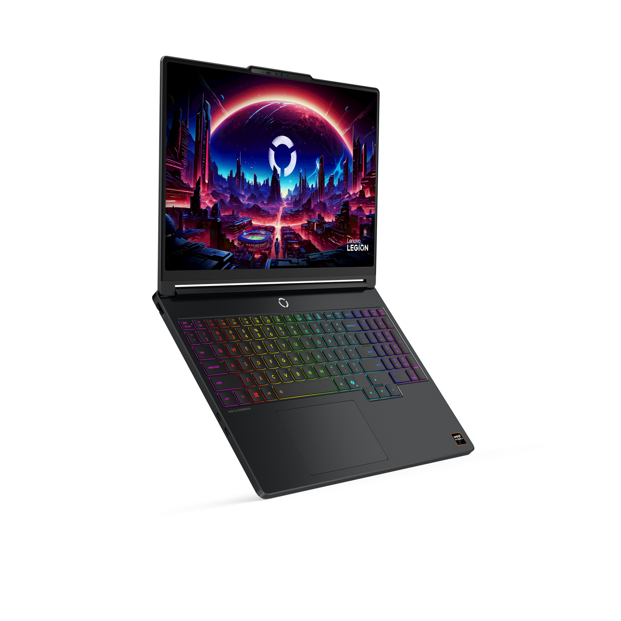 Ein Laptop mit farbiger Tastatur und futuristischem Hintergrundbild.