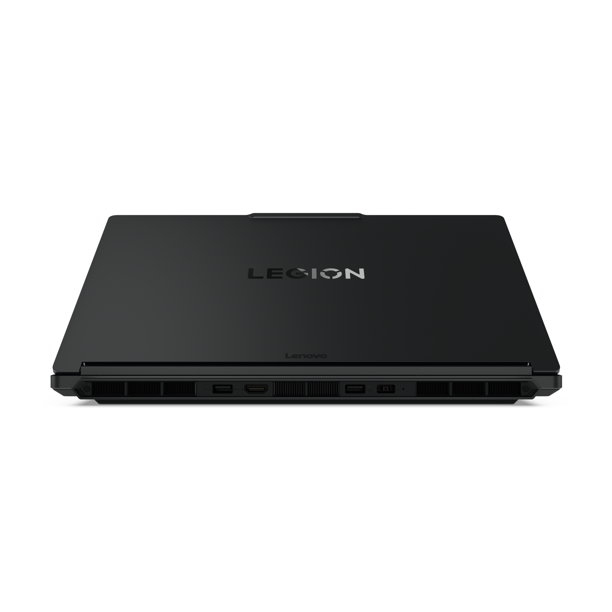 Schwarzer Laptop mit "LEGION" und "Lenovo" Schriftzug. Lüftungsschlitze und Anschlüsse sichtbar.