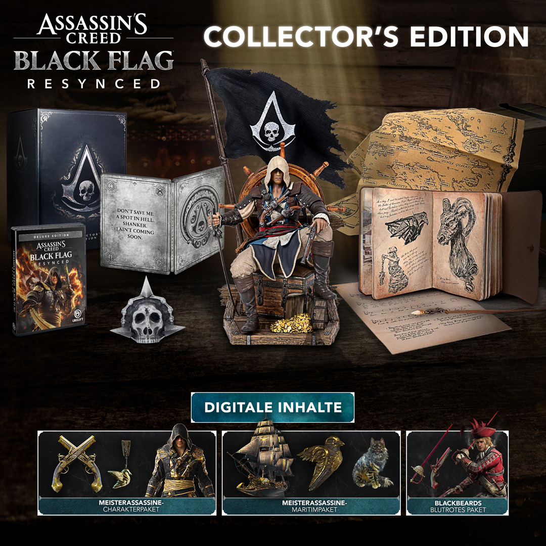 Assassin's Creed Black Flag Collector's Edition mit Figur, Spiel, Flagge und Buch.