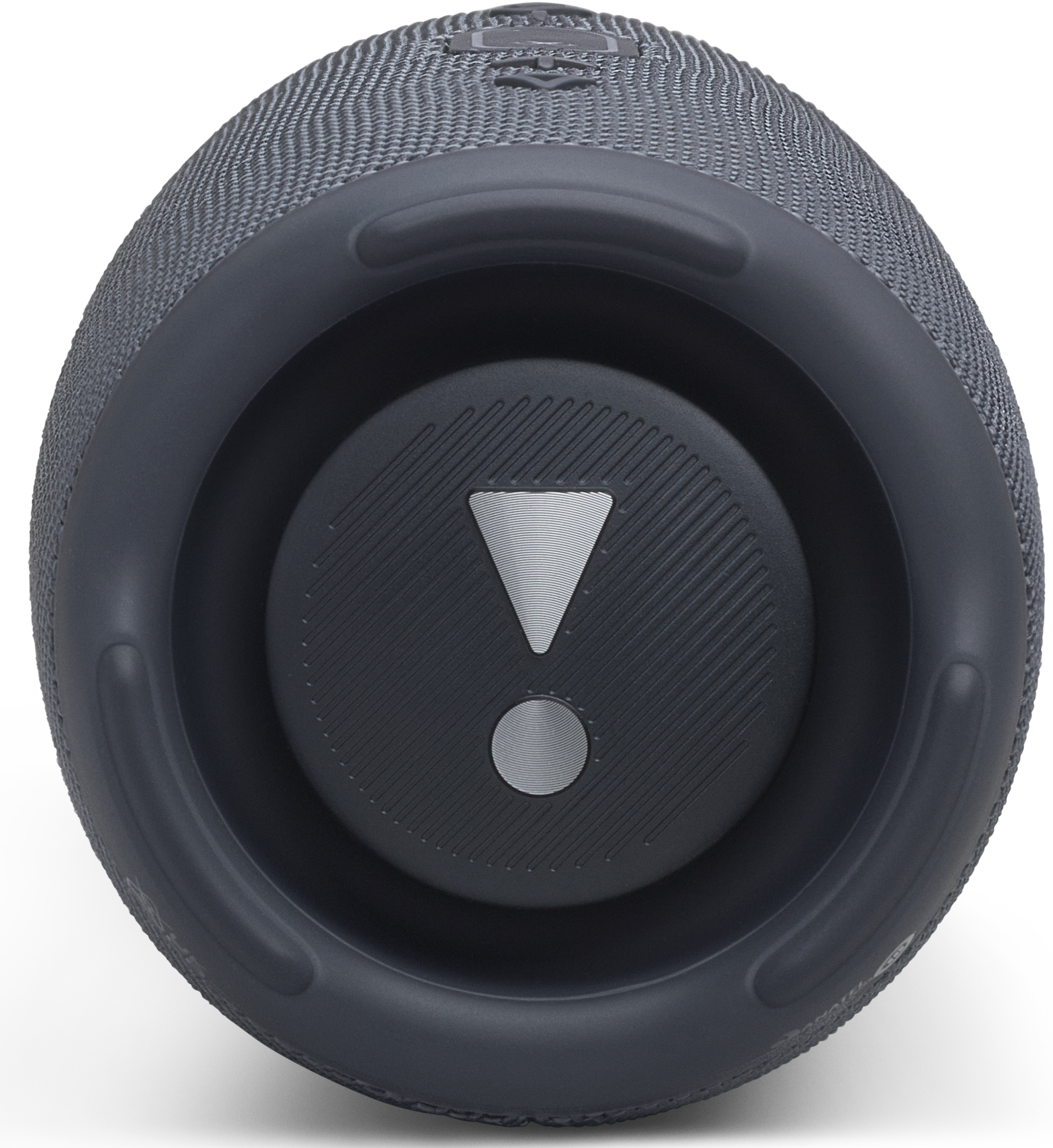 Grauer JBL-Lautsprecher mit Stoffbezug und hervorgehobenem Logo.