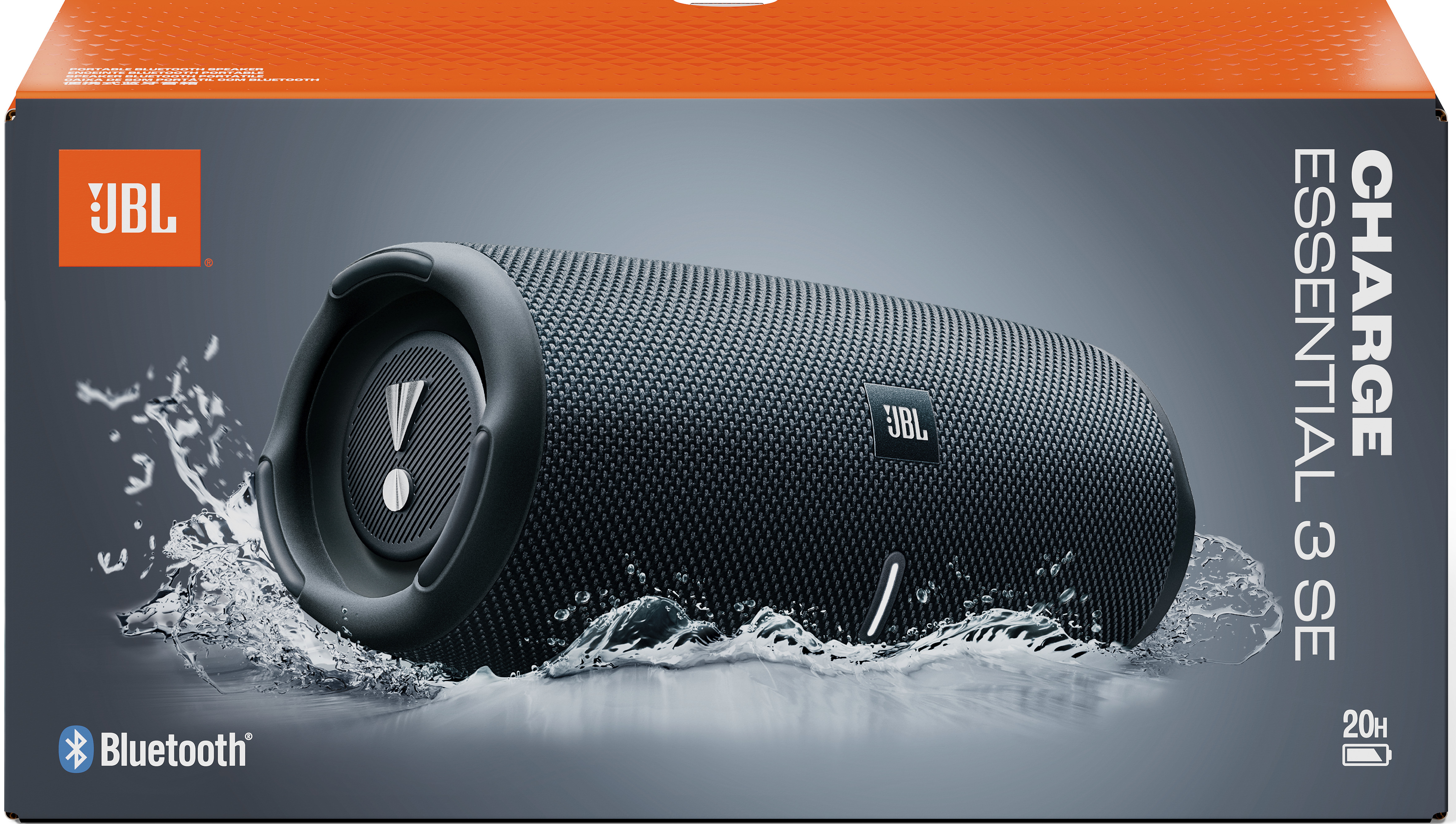 Schwarzer JBL Bluetooth-Lautsprecher mit Wasser spritzend, "Charge Essential 3 SE" Beschriftung.