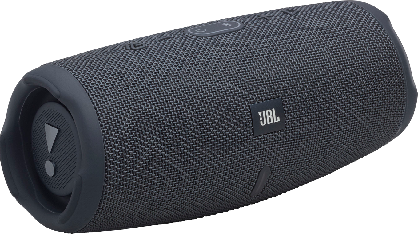 Eine dunkle JBL-Bluetooth-Box mit Gittermuster und Bedienelementen.