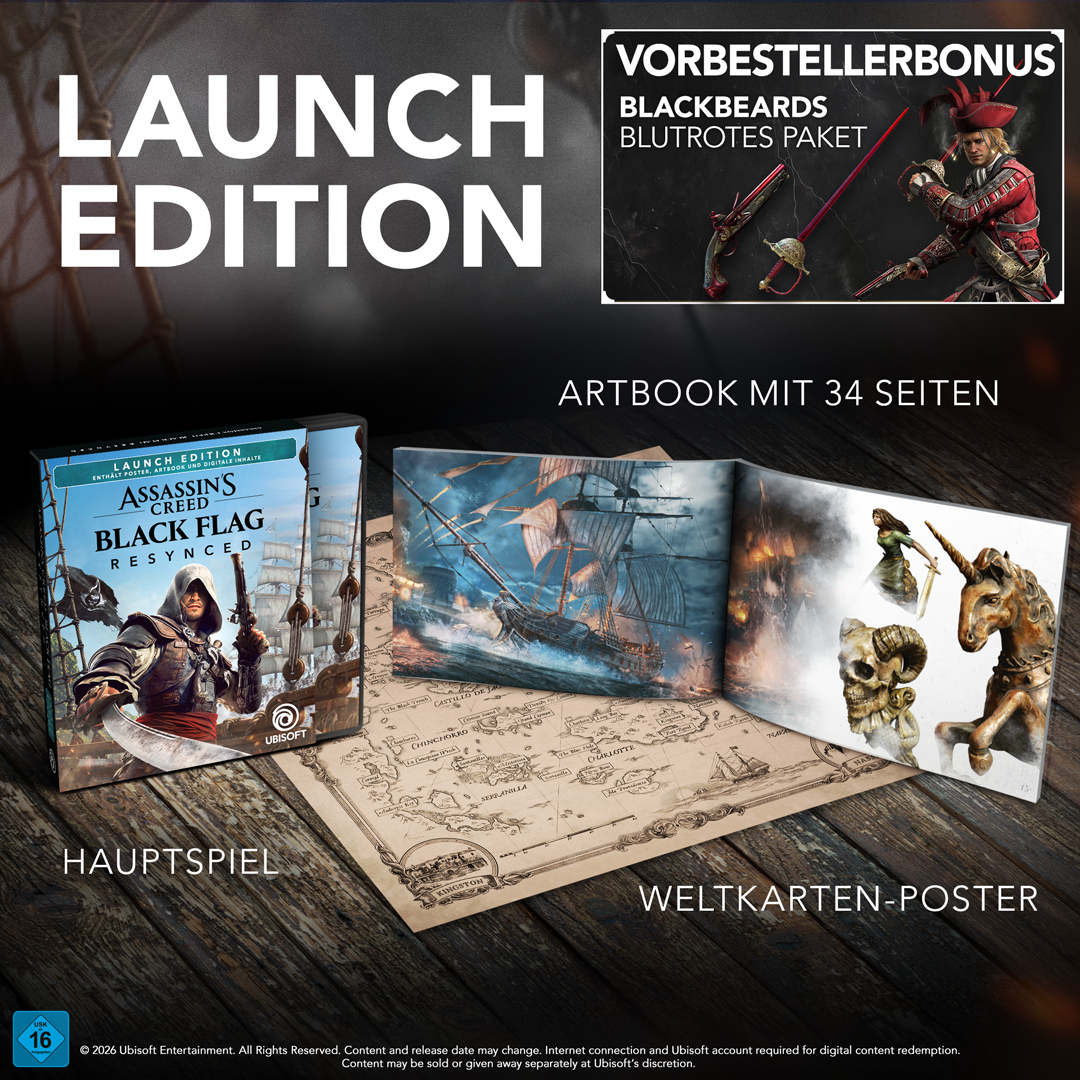 Assassin's Creed Black Flag Launch Edition mit Spiel, Artbook und Weltkarte.