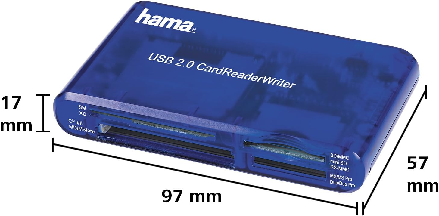 Blauer Hama USB 2.0 Kartenleser mit Maßen 97x57x17 mm.